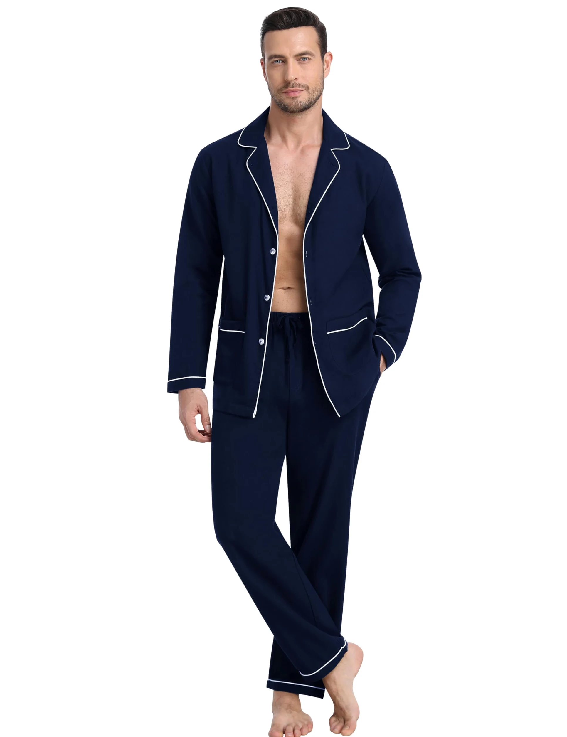 MoFiz Pijamas Largo Hombre Invierno Algodón Conjunto de Pijama con Botones a Cuadros Suave Ropa de Dormir Manga Larga Camisetas de Pijama y Pantalones con Bolsillos