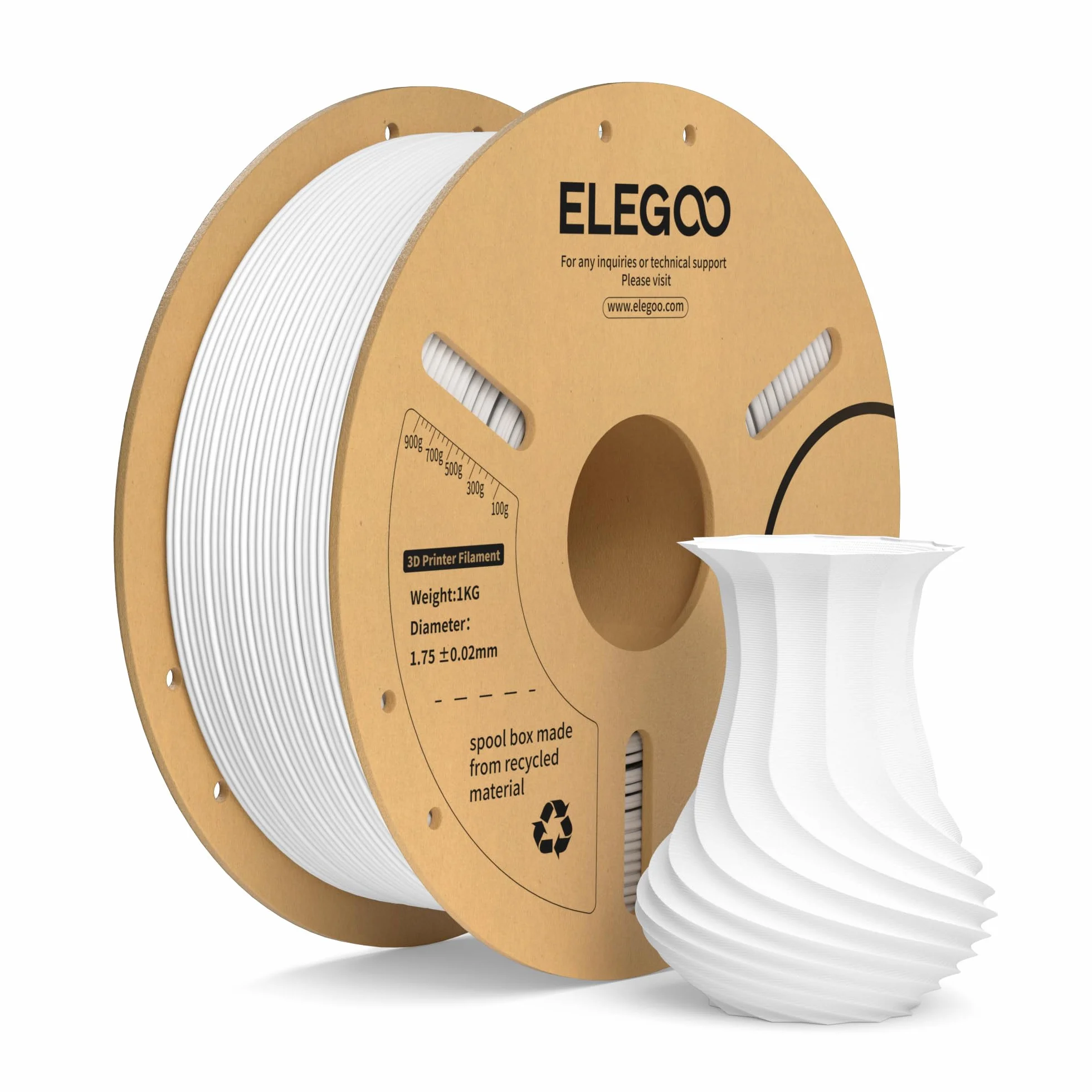 ELEGOO Filamento PLA+ 1.75mm 1KG Blanco, Precisión Dimensional +/- 0.02mm para Impresora 3D