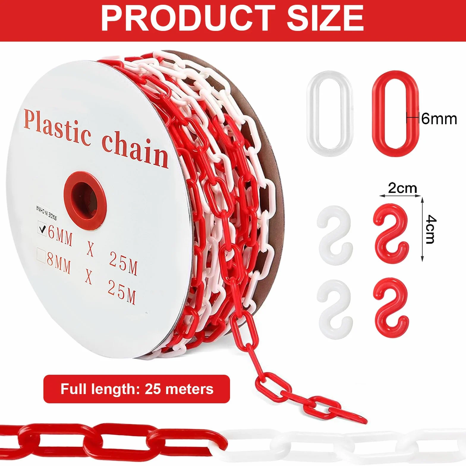 Cadena de seguridad roja y blanca 25 m 6 mm plástico con 4 mosquetones