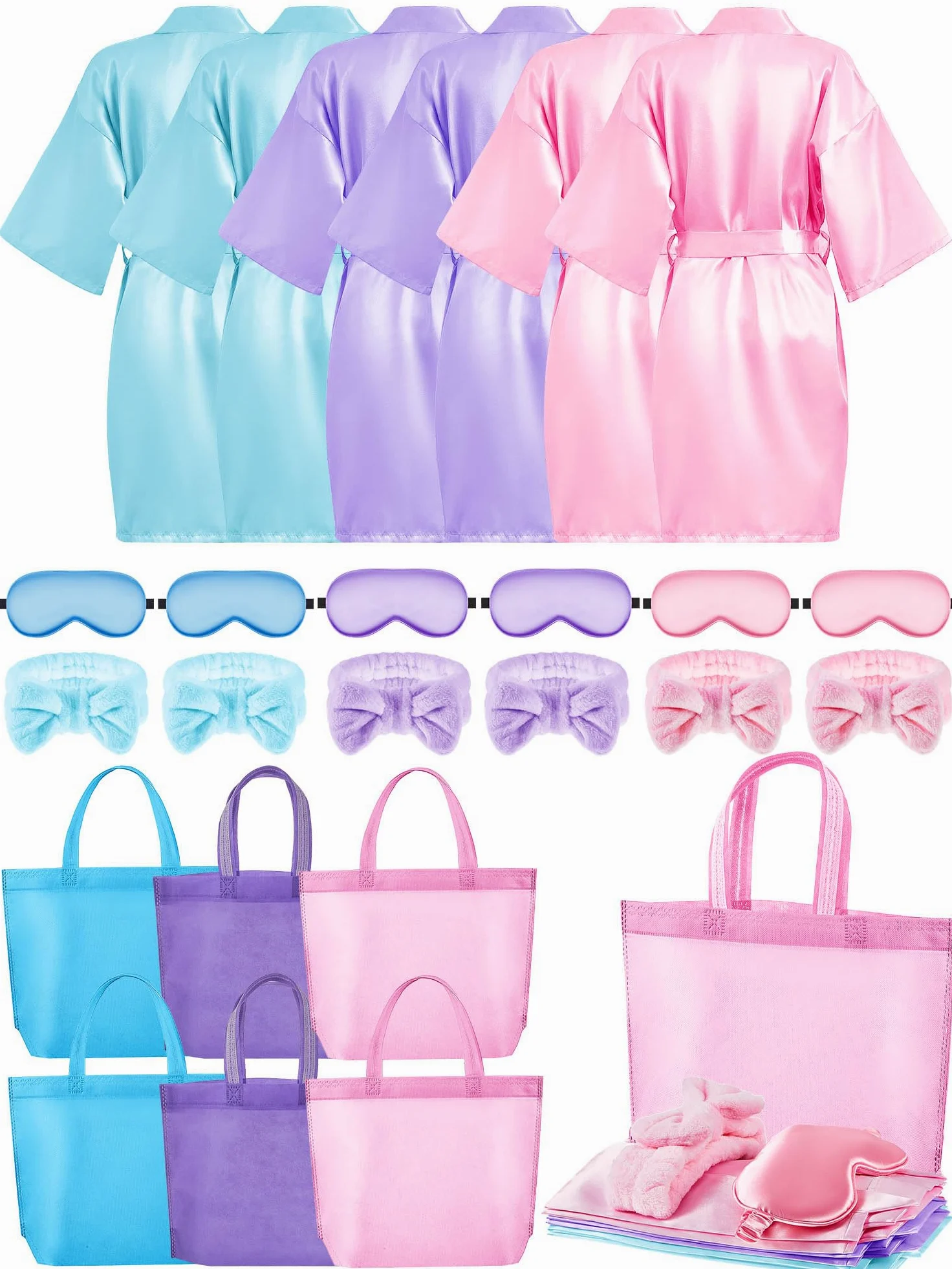 Sintuff 24 piezas de suministros de fiesta de pijamas para niñas, 6 batas de spa para niñas, 6 bolsas, 6 diademas, 6 máscaras de spa, Varios colores, 14