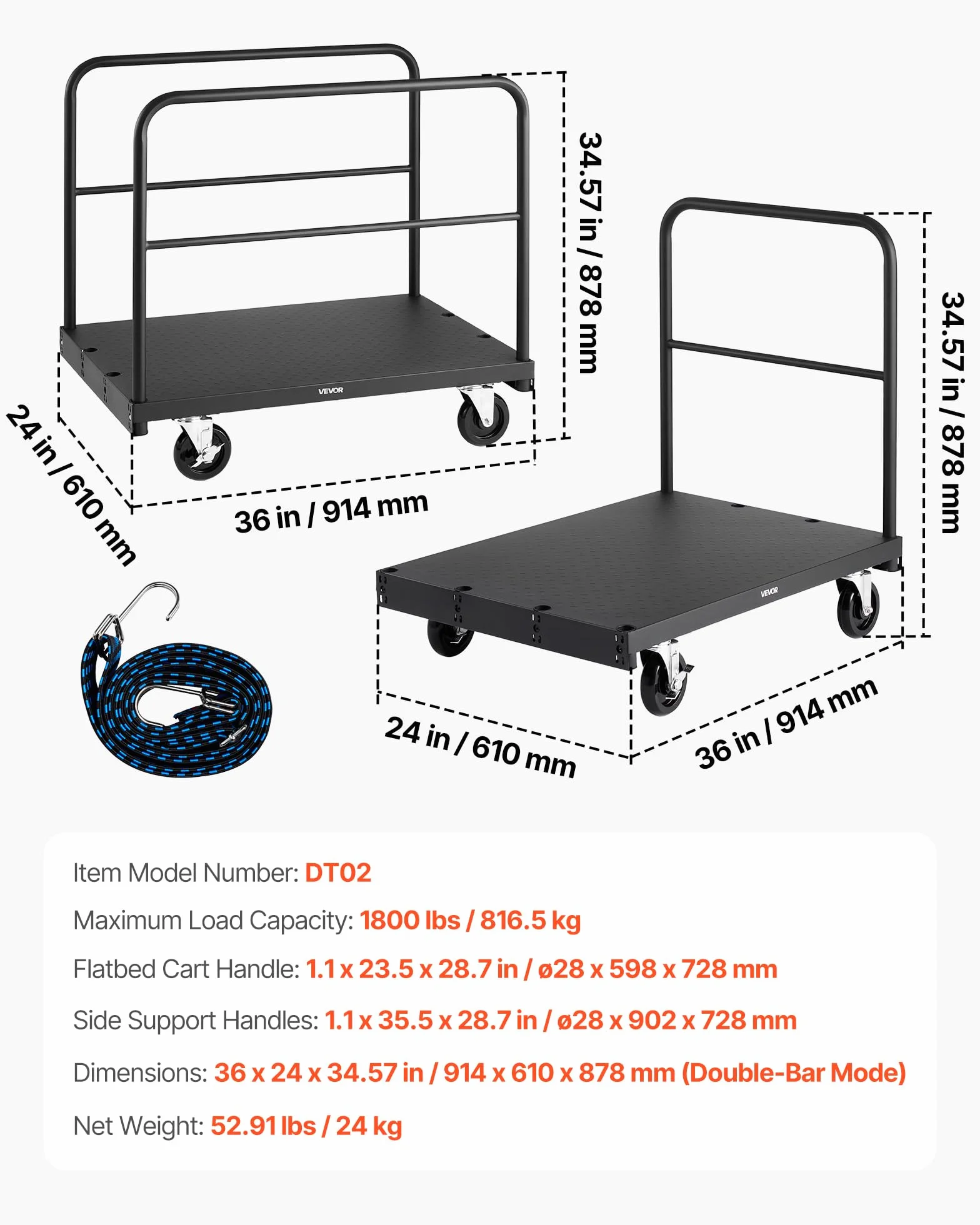 VEVOR Carro Portaplatos 816 kg 2 en 1 Ruedas Giratorias 360° 3 Pasamanos Laterales 914 x 610 x 878 mm Negro