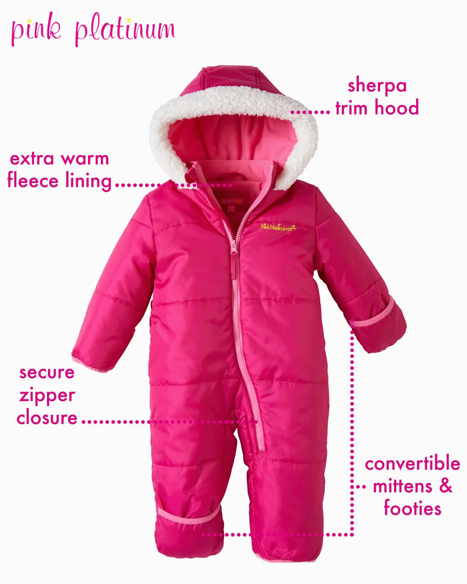 Rosa Platinum bebé niñas una pieza Cálido Invierno Puffer Snowsuit cochecito banderines rosa frutas del bosque 12 Meses