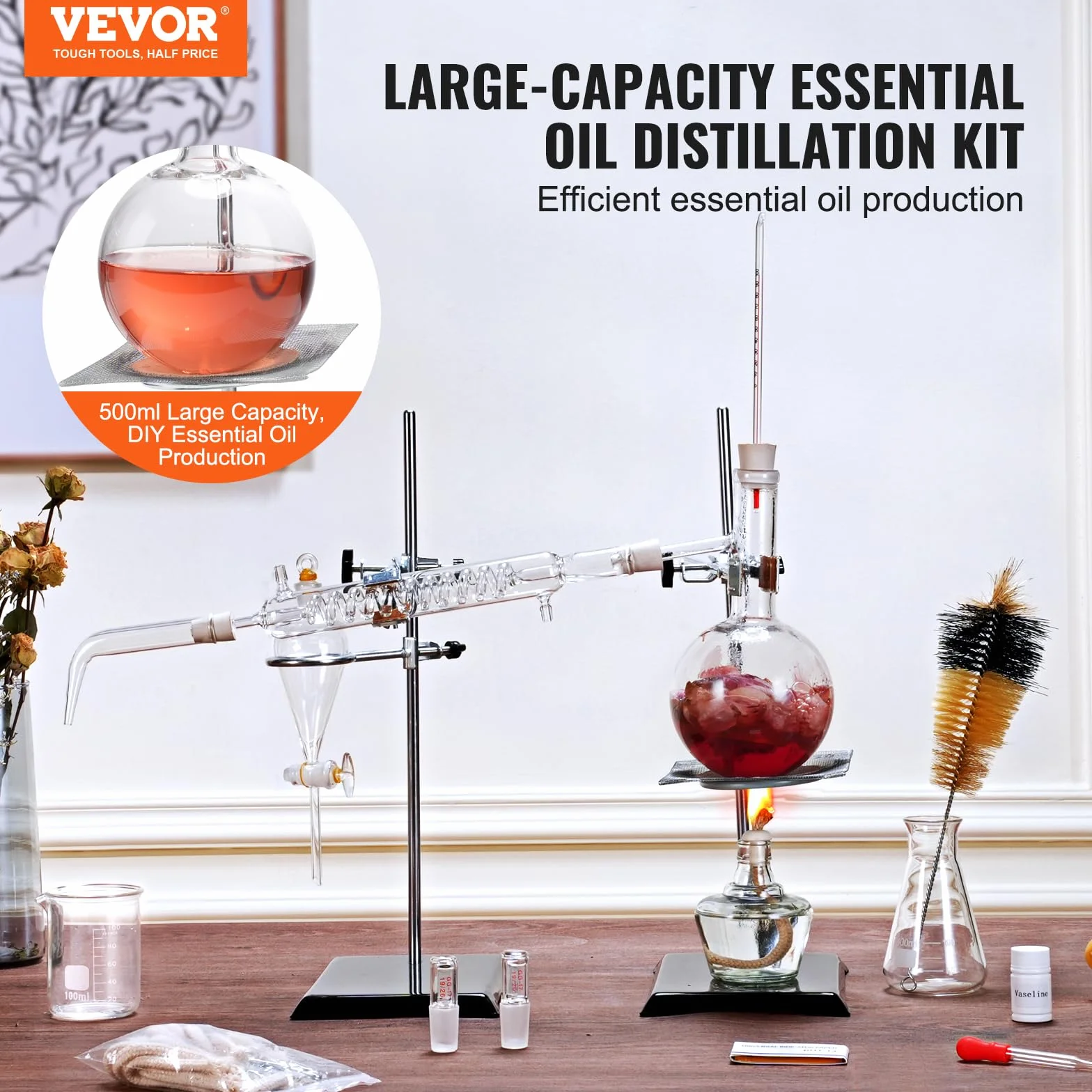 VEVOR Kit de destilación de aceites esenciales 500 ml, destilación de vidrio de laboratorio 3.3 Boro con lámpara de alcohol, malla de cerámica, conexión 24/40, 28 piezas