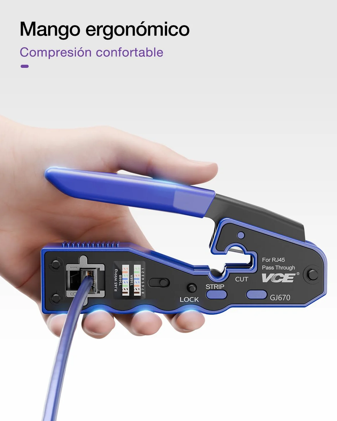 VCE Crimpadora RJ45 Cat7/Cat6A/Cat6/Cat5E GJ670BL Herramienta de Crimpado Universal Corte y Desforre