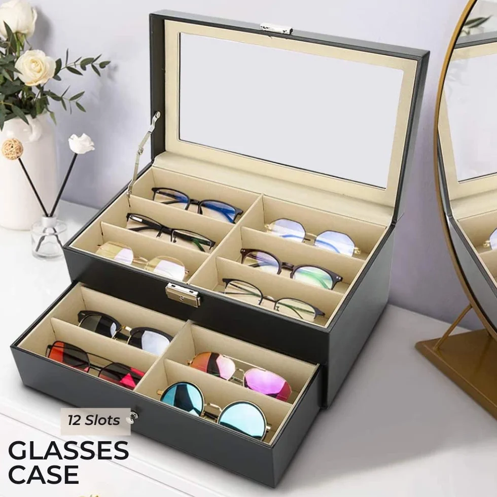 MAGIC SELECT Caja para Gafas con 8-12-18 Compartimentos, Estuche con Tapa de Cristal Transparente, Cierre con Llave, Cajón y Forro Interior, Polipiel