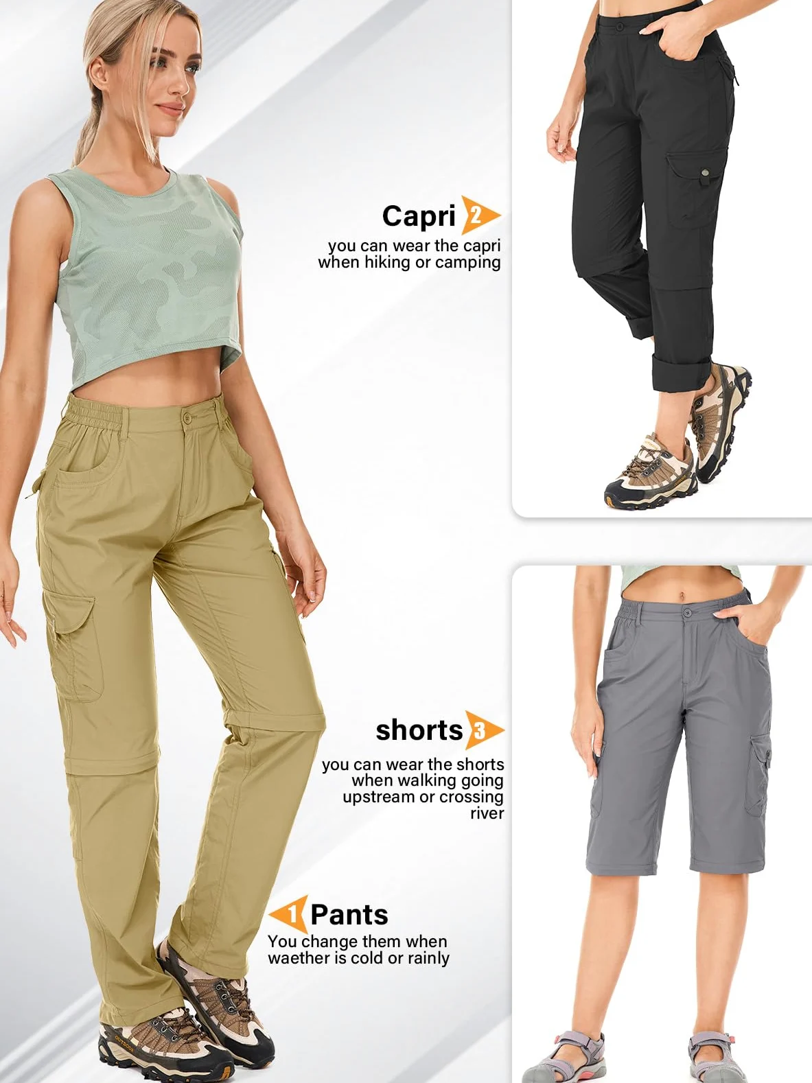 Walking Trousers Women Cargo Pants Waterproof Summer Quick Dry Convertible Stretch Outdoor Casual UPF 50 Hiking Zip Off