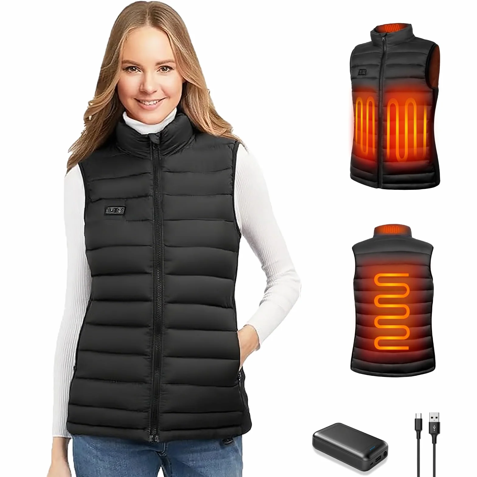 seenlast Chaleco Calefactable Mujer con Batería 10000mAh, 4 Zonas Calefactables 3 Niveles Temperatura Ajustables, Lavable, Chaleco Térmico Eléctrico Ligero de Invierno para Exteriores