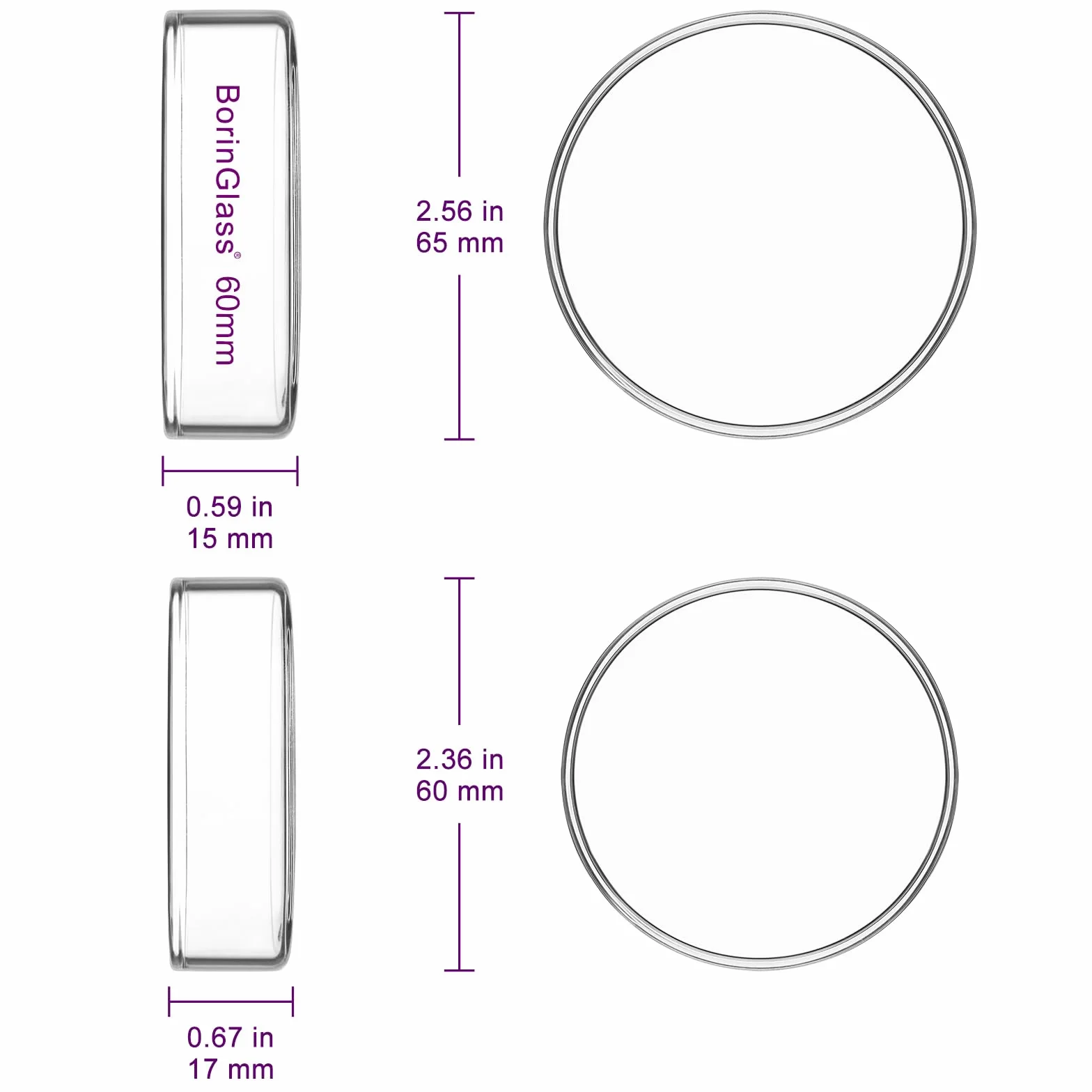 Platos de Petri de vidrio borosilicato 60 mm, paquete de 5, laboratorio