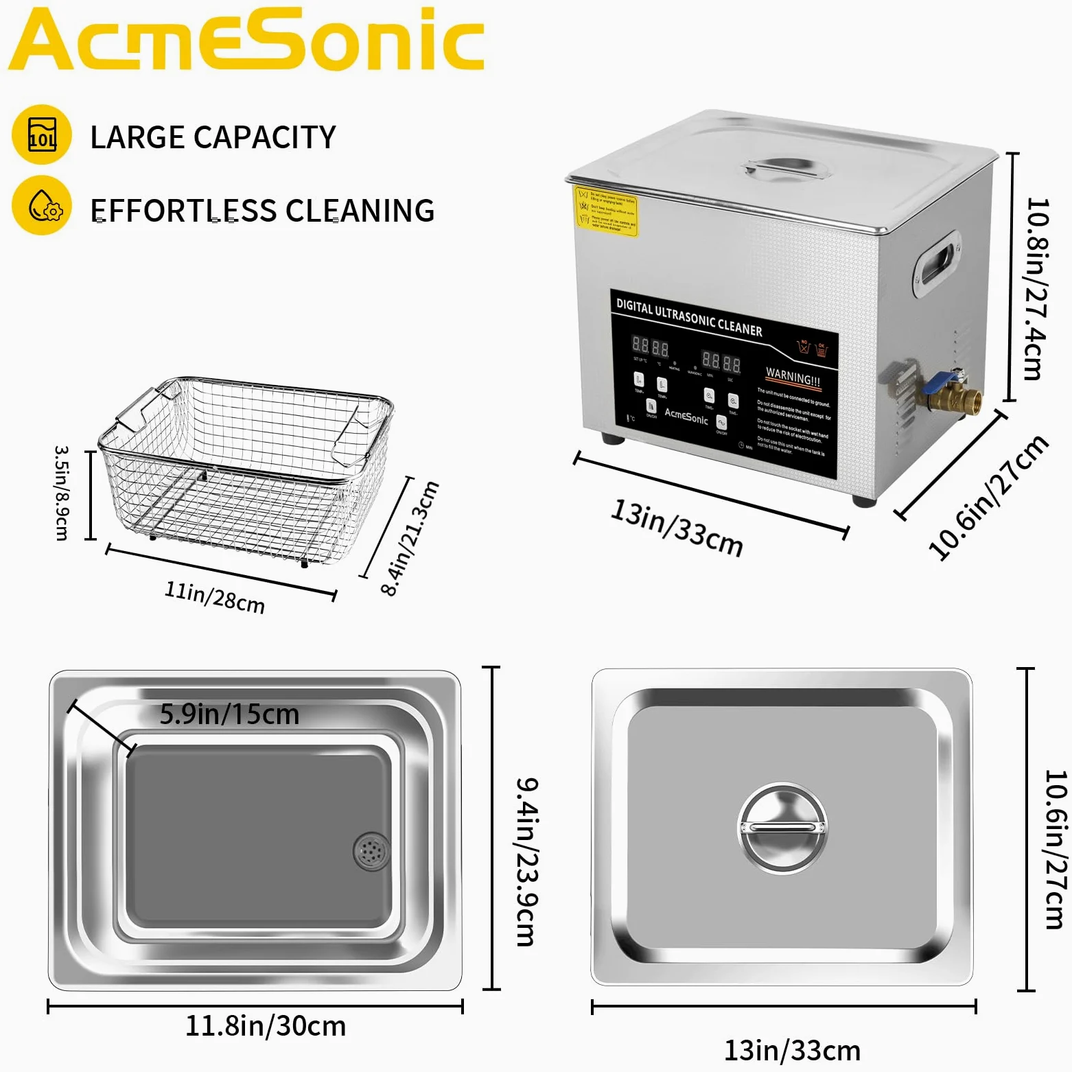 Máquina de limpieza por ultrasonido digital de 10 litros, limpiador ultrasónico de laboratorio de acero inoxidable SUS 304, limpiador sónico para herramientas profesionales, piezas de