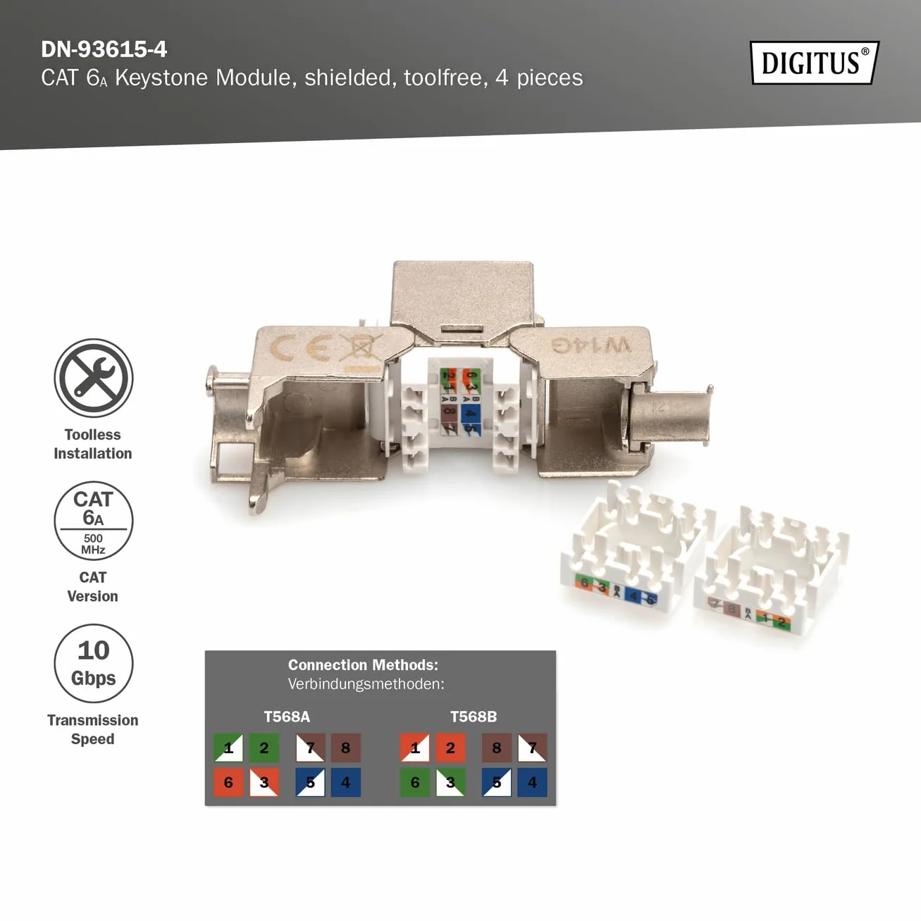 DIGITUS Módulo Keystone Cat-6A blindado RJ45 500 MHz 10GBase-T 4 unidades