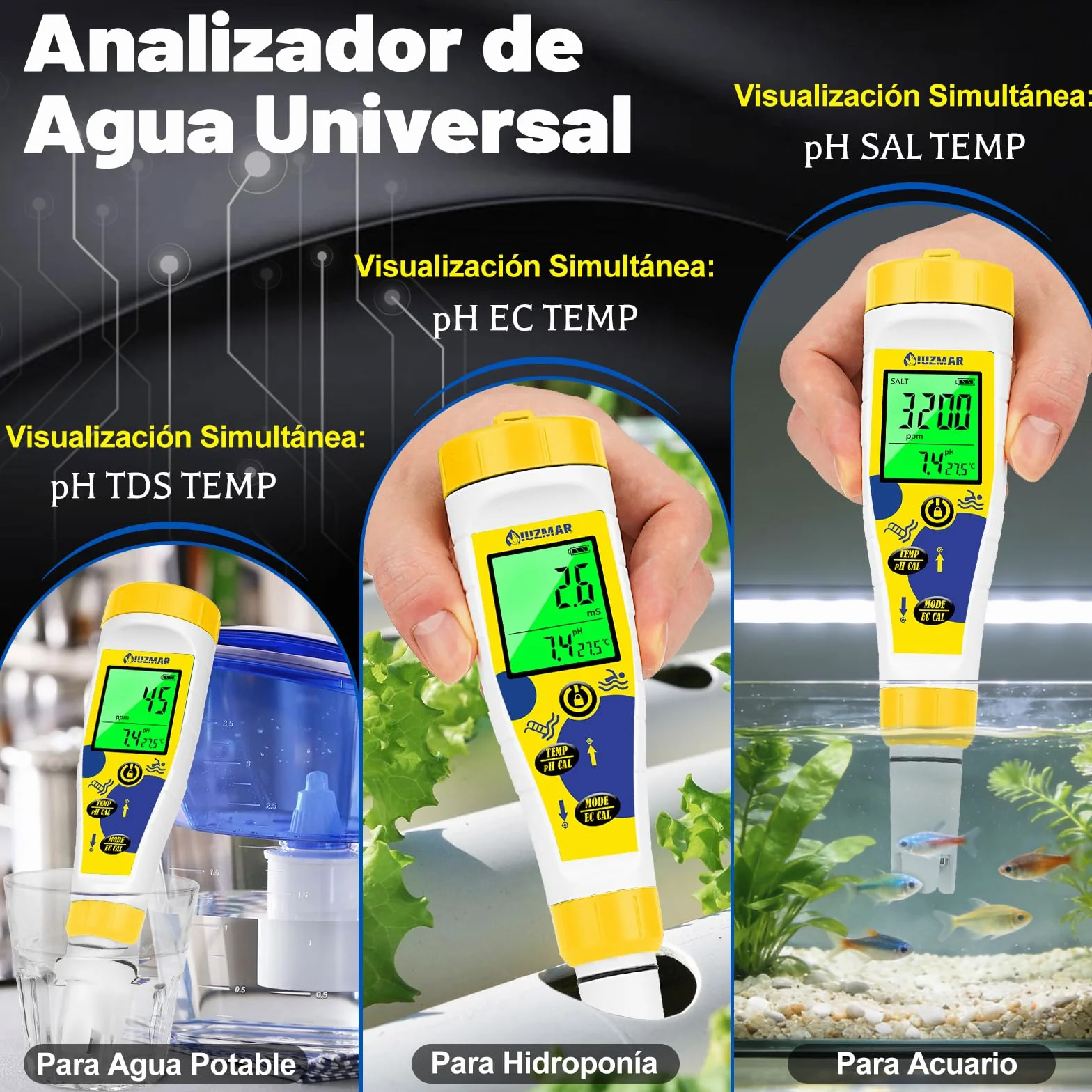 Medidor pH Cloro para Piscinas, Medidor Sal pH Agua Salada 7 en 1 con Temperatura y Salinidad