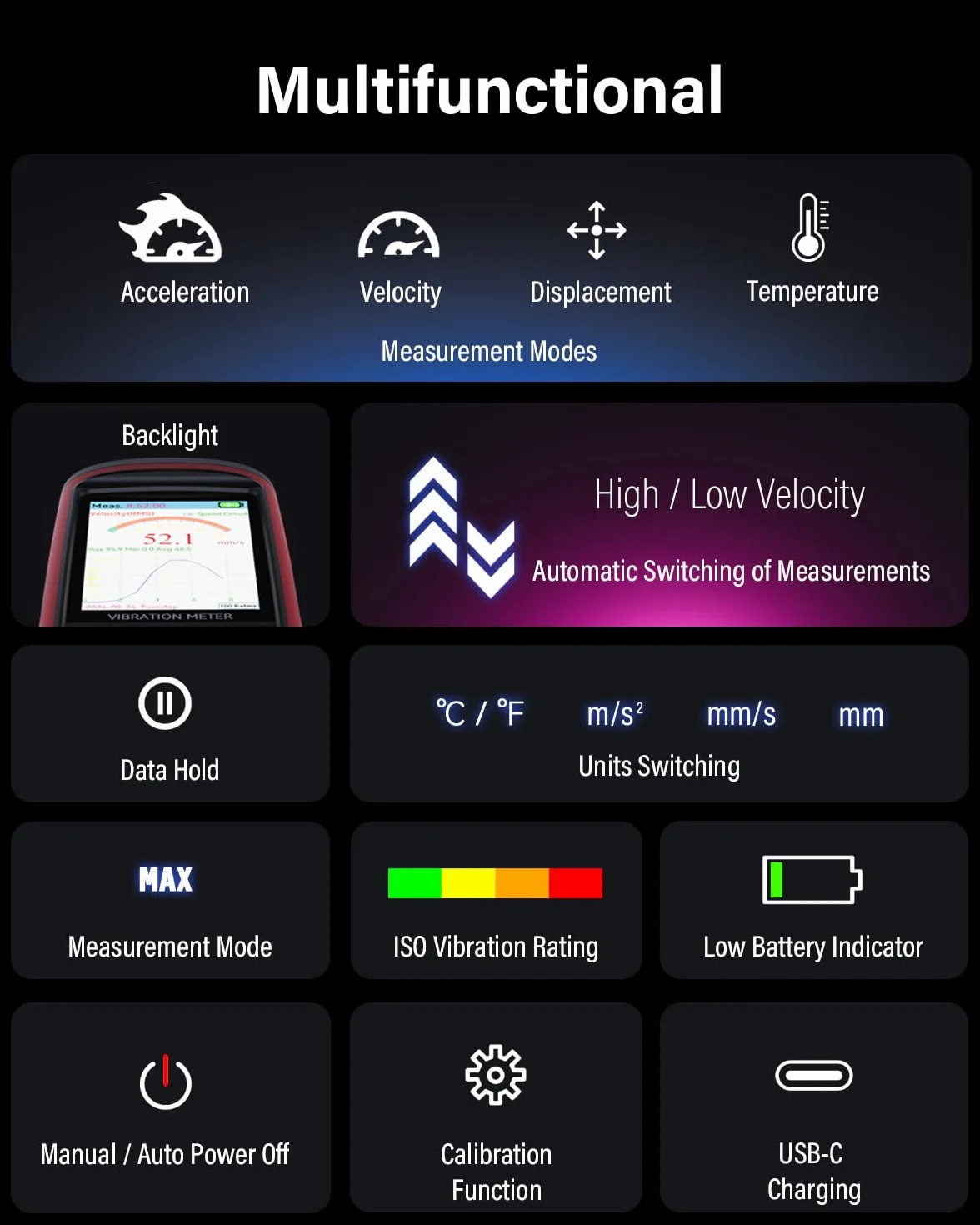 Vibrómetro Wintact WT633B, análisis de vibración mecánica, aceleración, velocidad, desplazamiento, temperatura