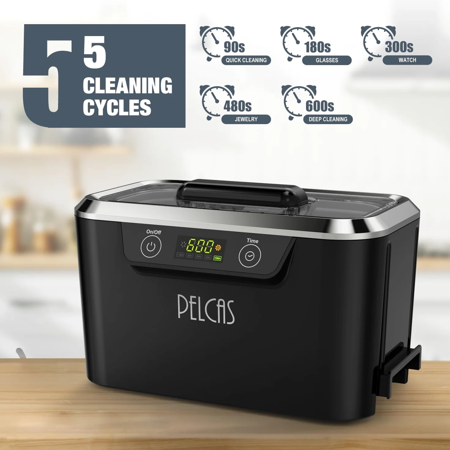 PELCAS Limpiador Ultrasonidos con Transductores Duales Limpiador Ultrasónico 800ML 42KHz con Pantalla Táctil y 5 Configuraciones de Tiempo para Anteojos, Relojes, Joyas, Dentaduras Postizas (Negro)