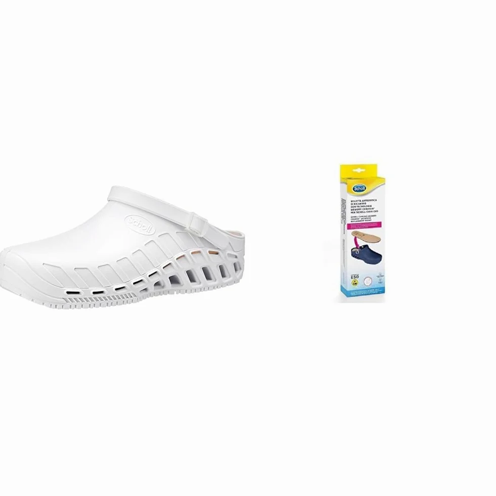 Scholl Clog Evo Blanco + Plantillas Antiestáticas Scholl con Memory Cushion para Clog Evo – Blanco/Marrón