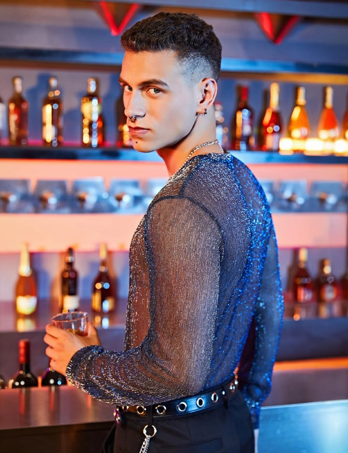 Casey Kevin Camiseta Transparentes Manga Larga Hombre Brillo Lentejuelas Rejilla Camisa Fiesta Plateada Brillante Ropa Sexy Top Fiesta Discoteca Punk Nocturno Jazz Rock Hip Hop Dance Clubwear