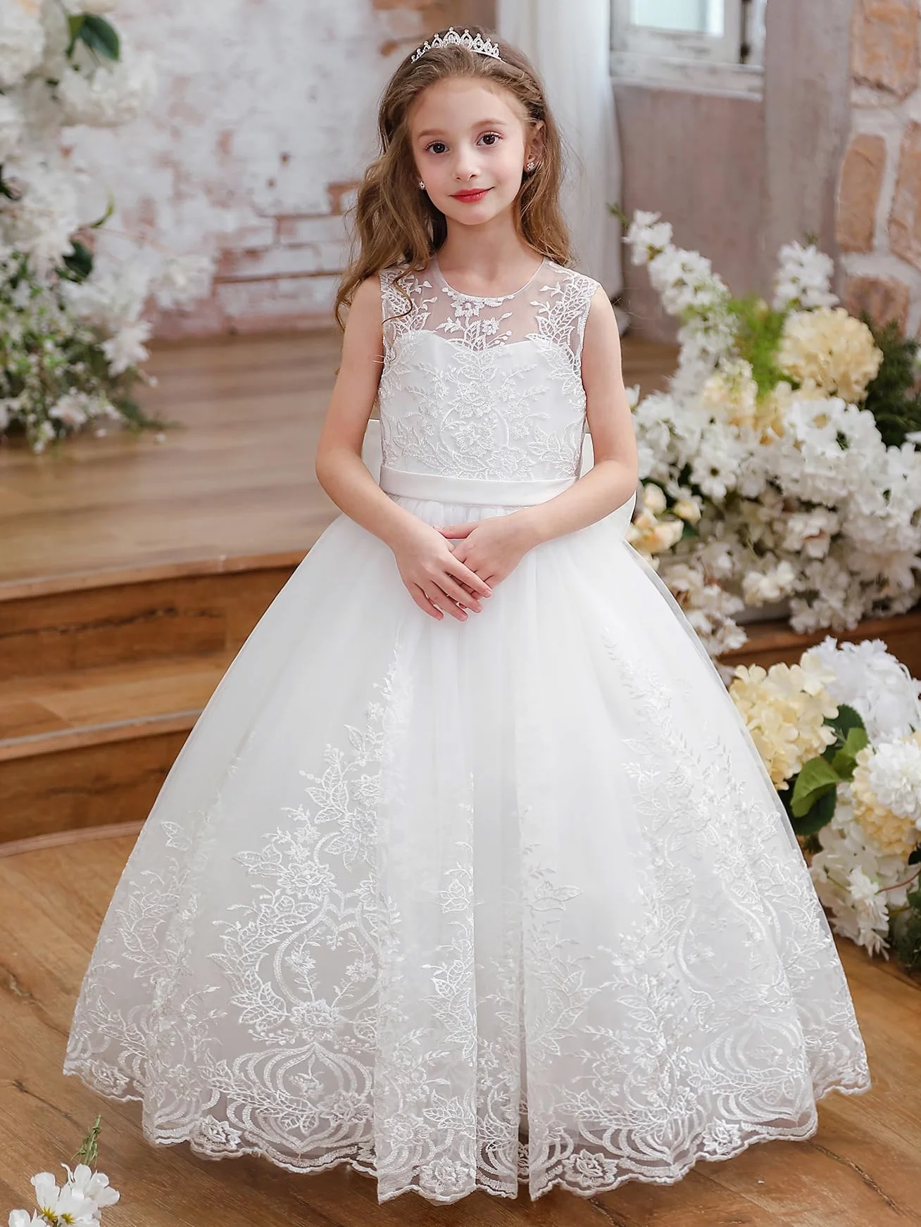 Aibaowedding Vestido de niña de flores bordado de tul de encaje vestido de fiesta de dama de honor cumpleaños fiesta comunión arco formal vestido de princesa