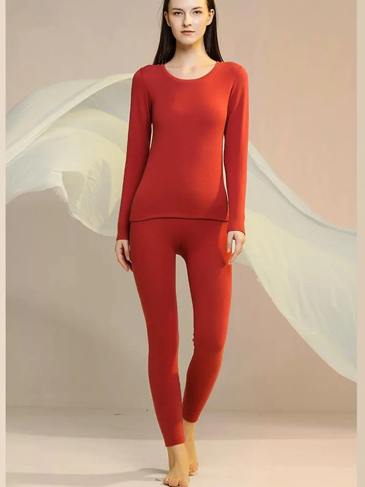 Ropa térmica cálida de Lana Seda for Mujer, Conjuntos Dos Piezas básicos Gruesos con Cuello Redondo for otoño e Invierno para Esquí,Moto
