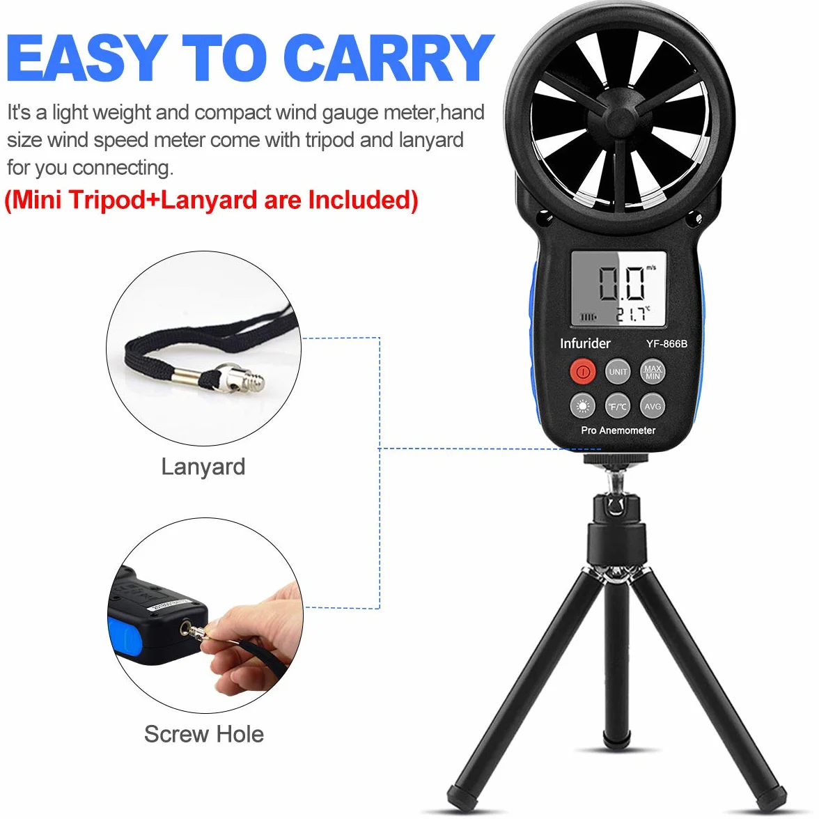 INFURIDER YF-866B Anemómetro Digital de Mano Medidor de Velocidad del Viento con Luz de Fondo