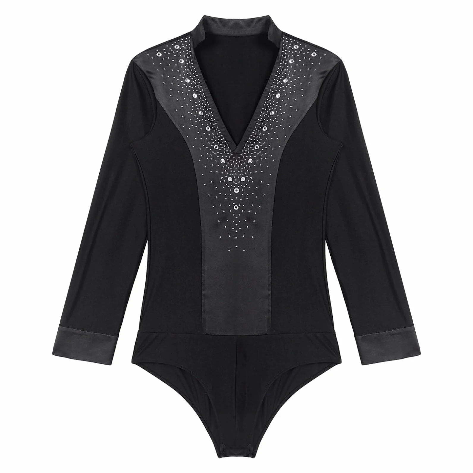 renvena Camiseta de baile latino para hombre, manga larga, con cuello en V, con purpurina, camiseta de baile, traje de danza