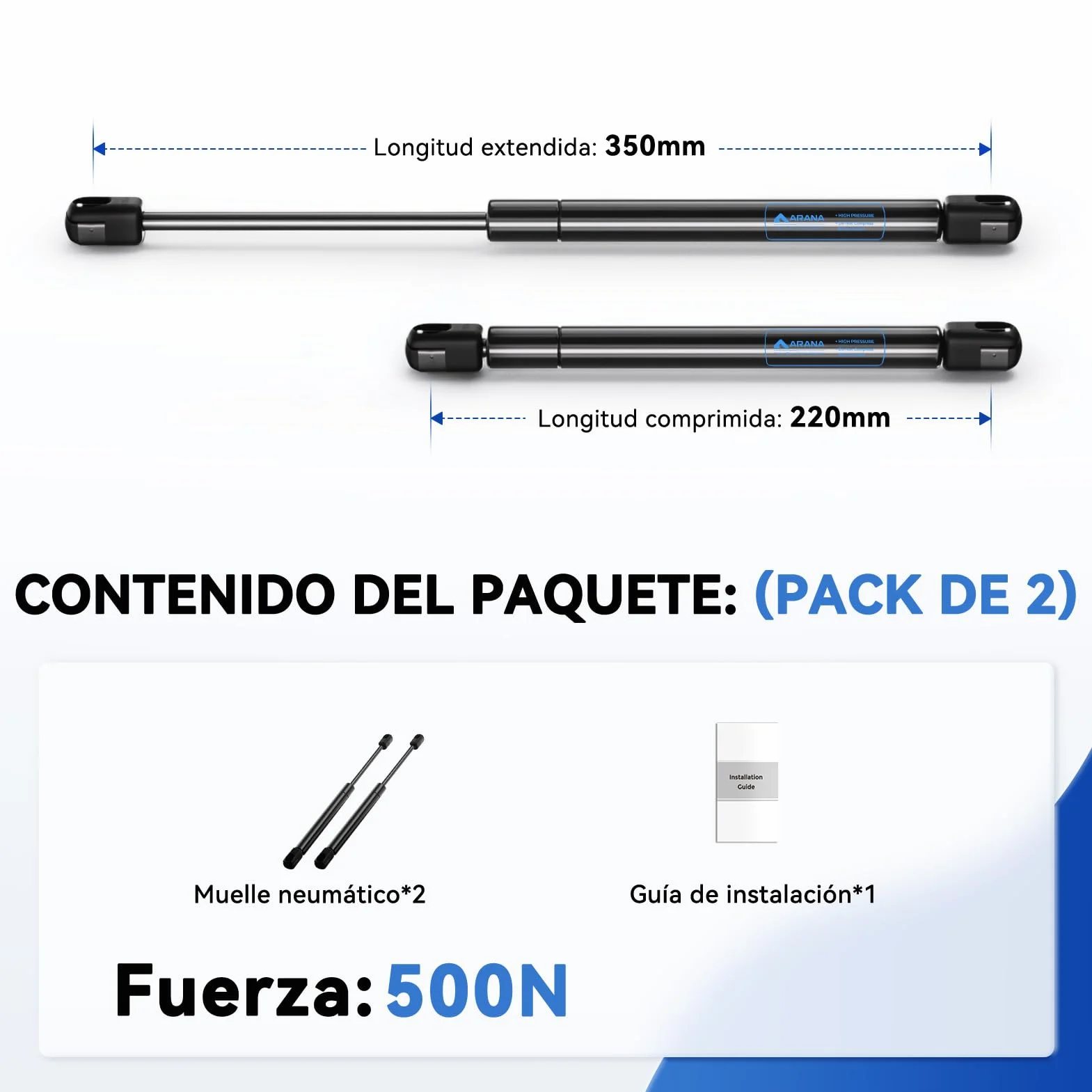 ARANA Muelle de gas 350 mm 500 N Amortiguadores de gas 50 kg soporte hidráulico