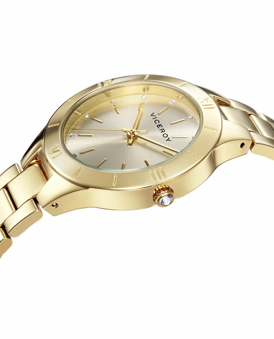 Viceroy Reloj Analógico Mujer de Acero Inoxidable - 35 mm - Movimiento de Cuarzo - Esfera Dorada con Circonitas - Acabado Dorado - Resistente al Agua 3 ATM - Colección Chic – 401056-27