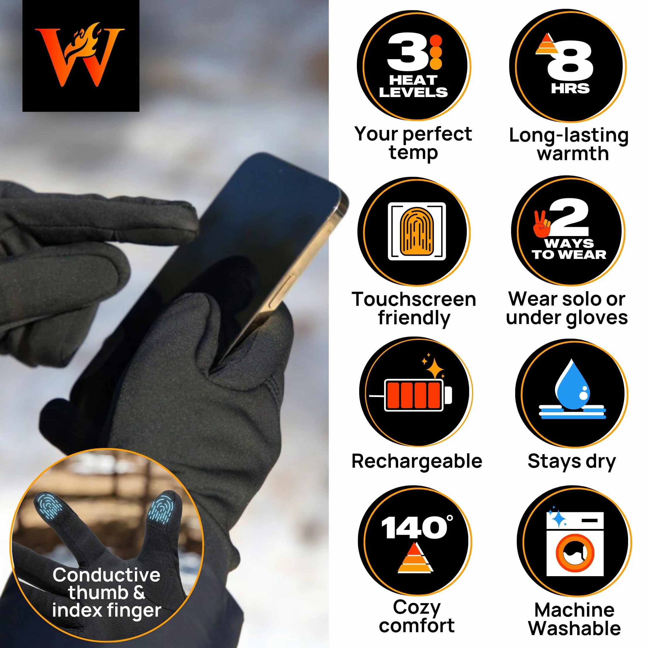 Weston Guantes térmicos para hombres y mujeres, calentadores de manos térmicos recargables, guantes térmicos con 3 ajustes de calor, aptos para pantalla táctil, ideales para invierno, esquí, trabajo y