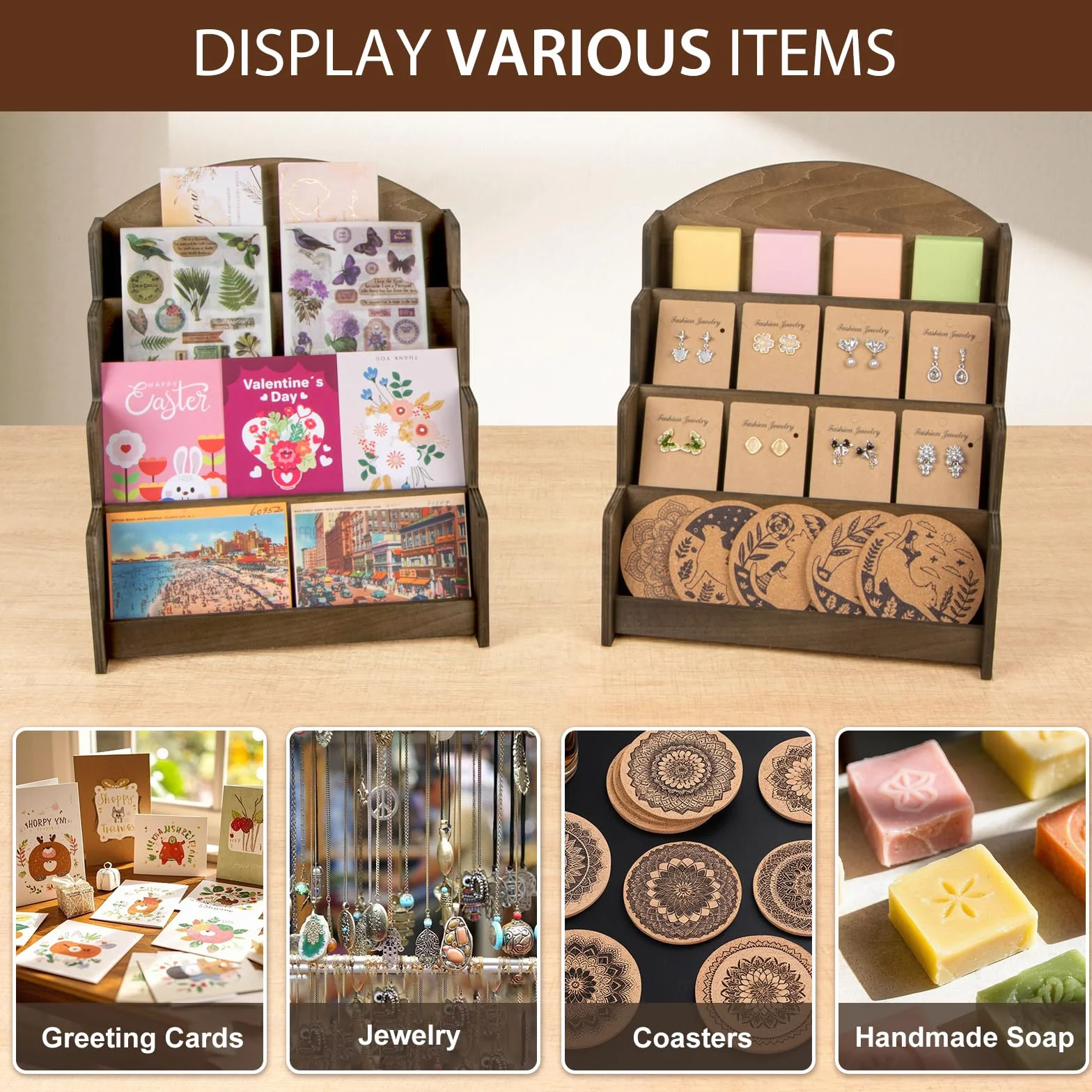 Expositor de postales de madera marrón para tiendas minoristas