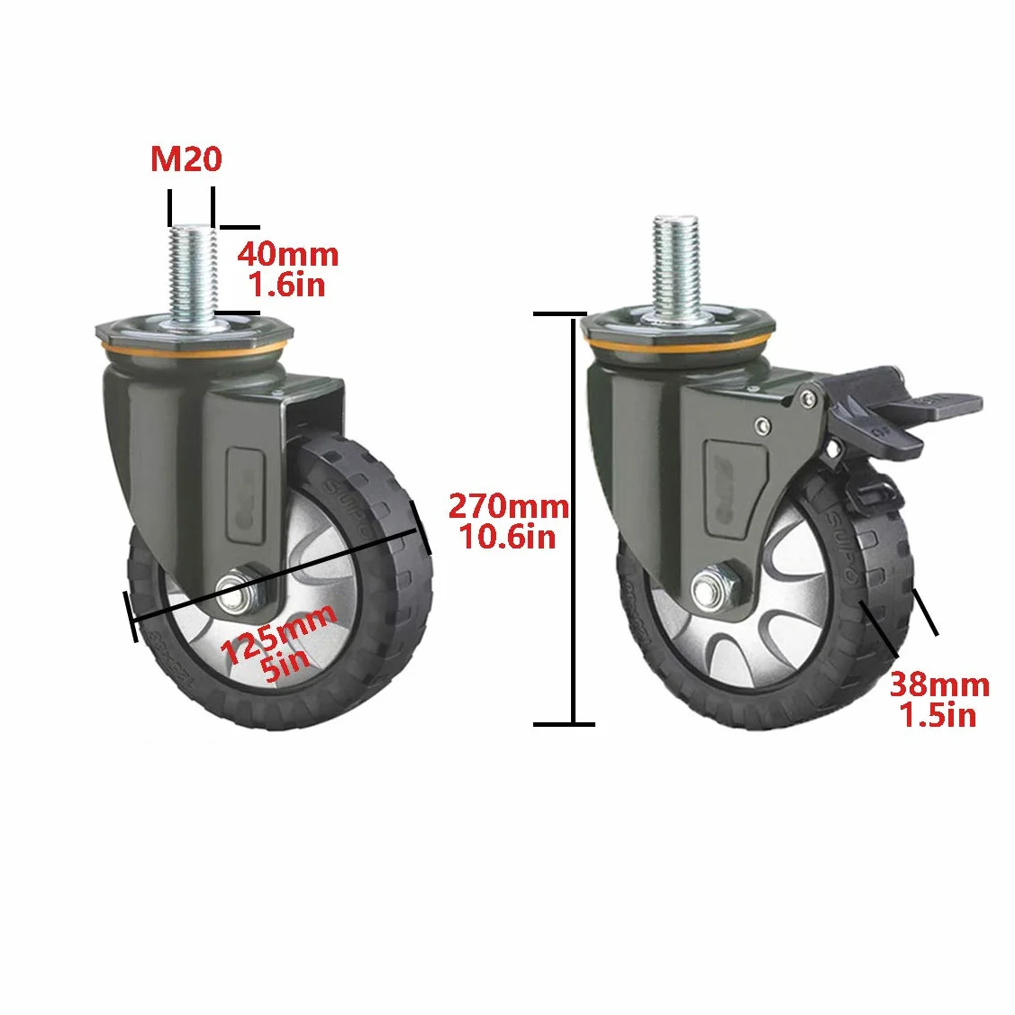Ruedas industriales de goma para trabajo pesado 100/120/150 mm carga 1000 kg con freno