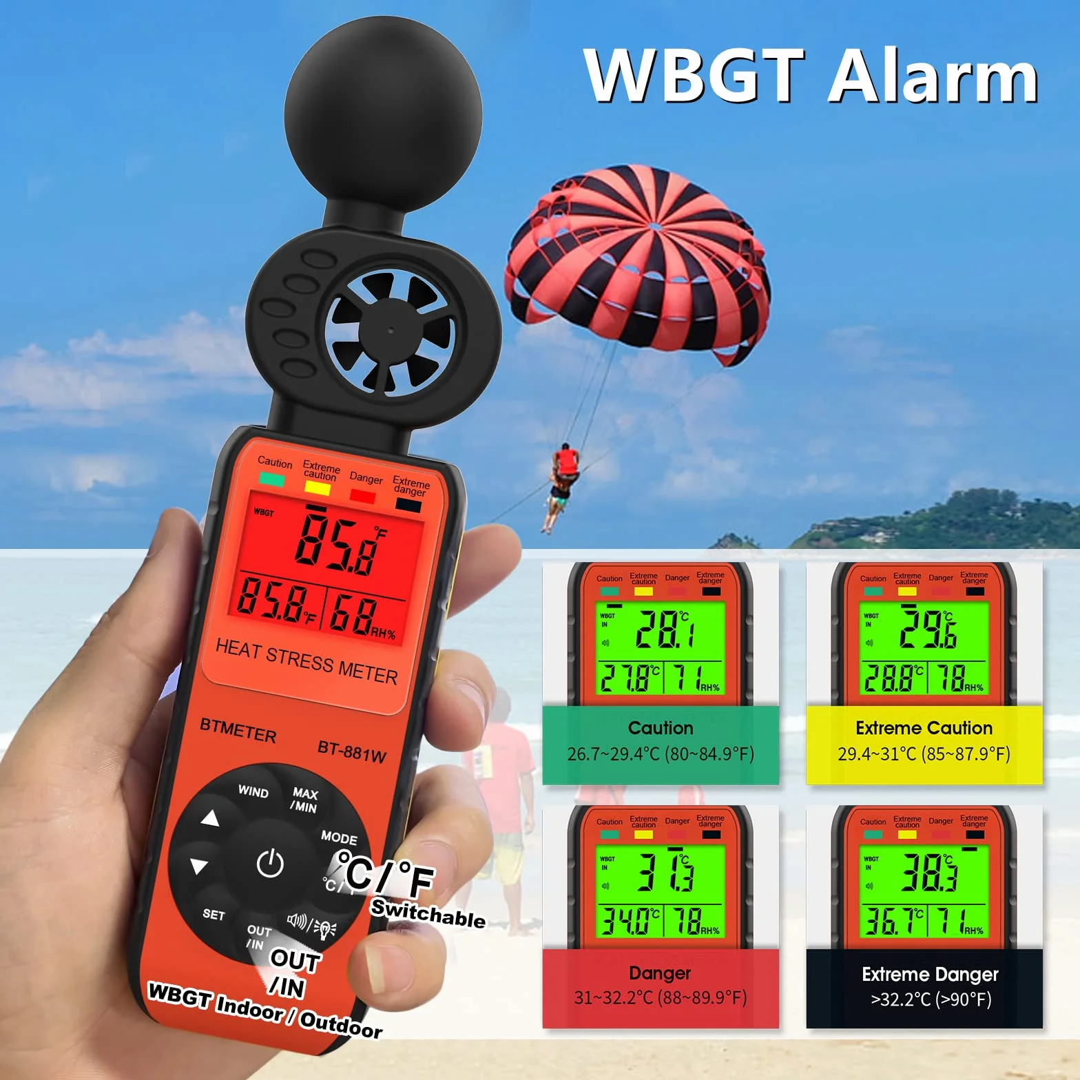 BTMETER BT-881W Medidor de viento WBGT, anemómetro digital portátil velocidad temperatura humedad