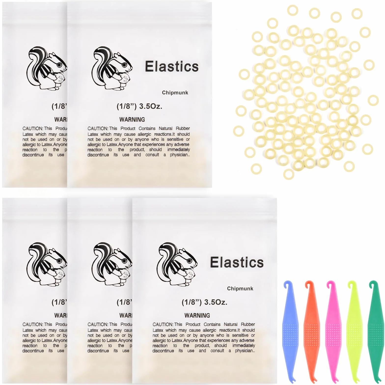 OFFCUP Elásticos Multiuso 500pcs Dentales 8/1 Pulgadas Bandas de Goma con 5 Colocadores Ortodónticos