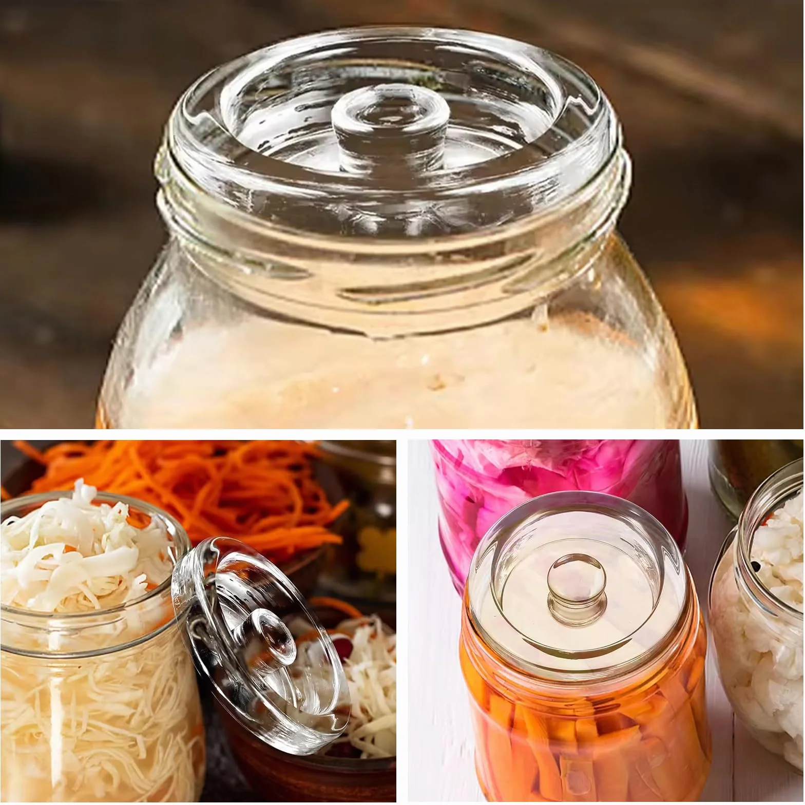 Pesos de Fermentación de Vidrio 7cm, Juego de 4 Piezas con Mangos Ranurados para Chucrut, Kimchi, Encurtidos