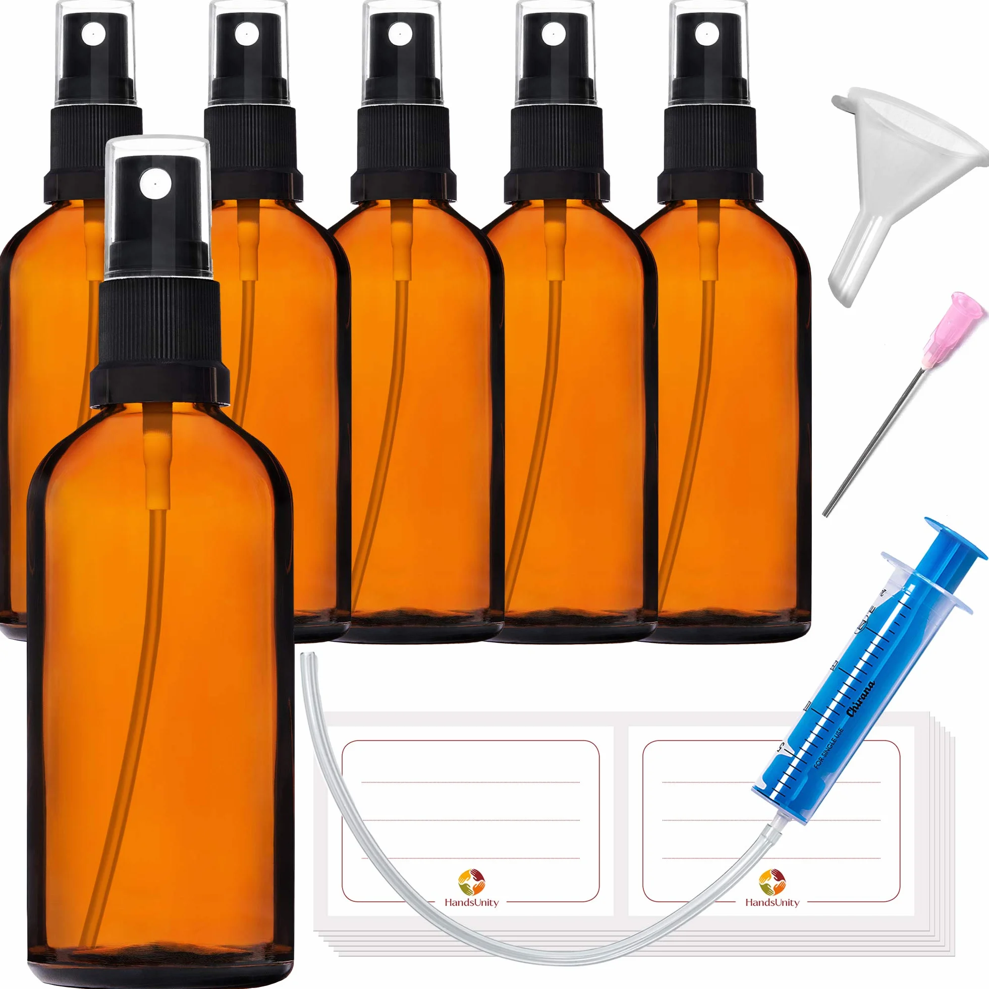 Botella de Vidrio Pulverizador 100ml 6 Piezas Ámbar con Atomizador Negro y 17 Accesorios