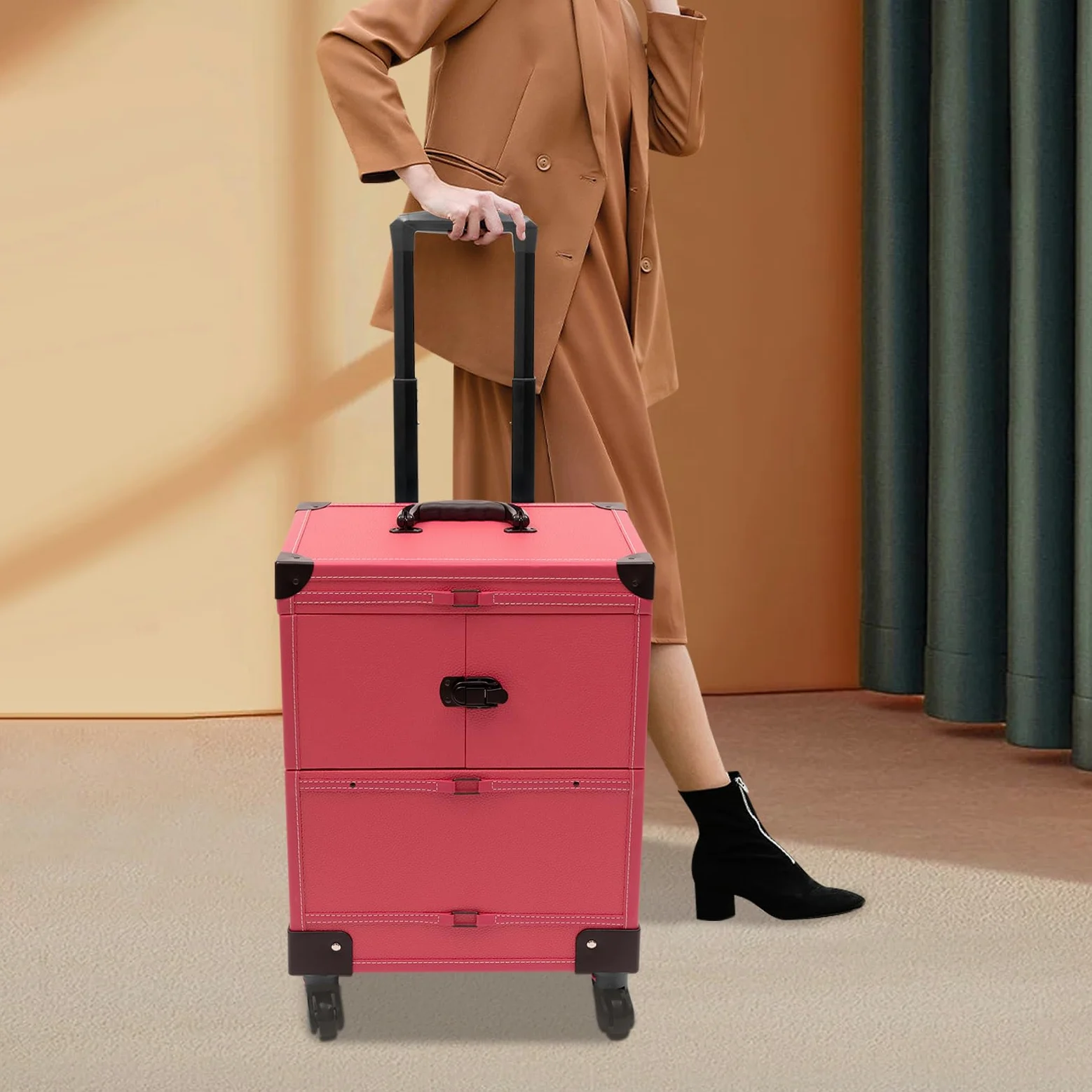 Maletín de maquillaje profesional con ruedas, con espejo, 2 llaves y 4 ruedas, maletín de peluquería con cerradura multifunción, maletín de maquillaje para mujer, Rosa, 37*24.3*101cm/14.57