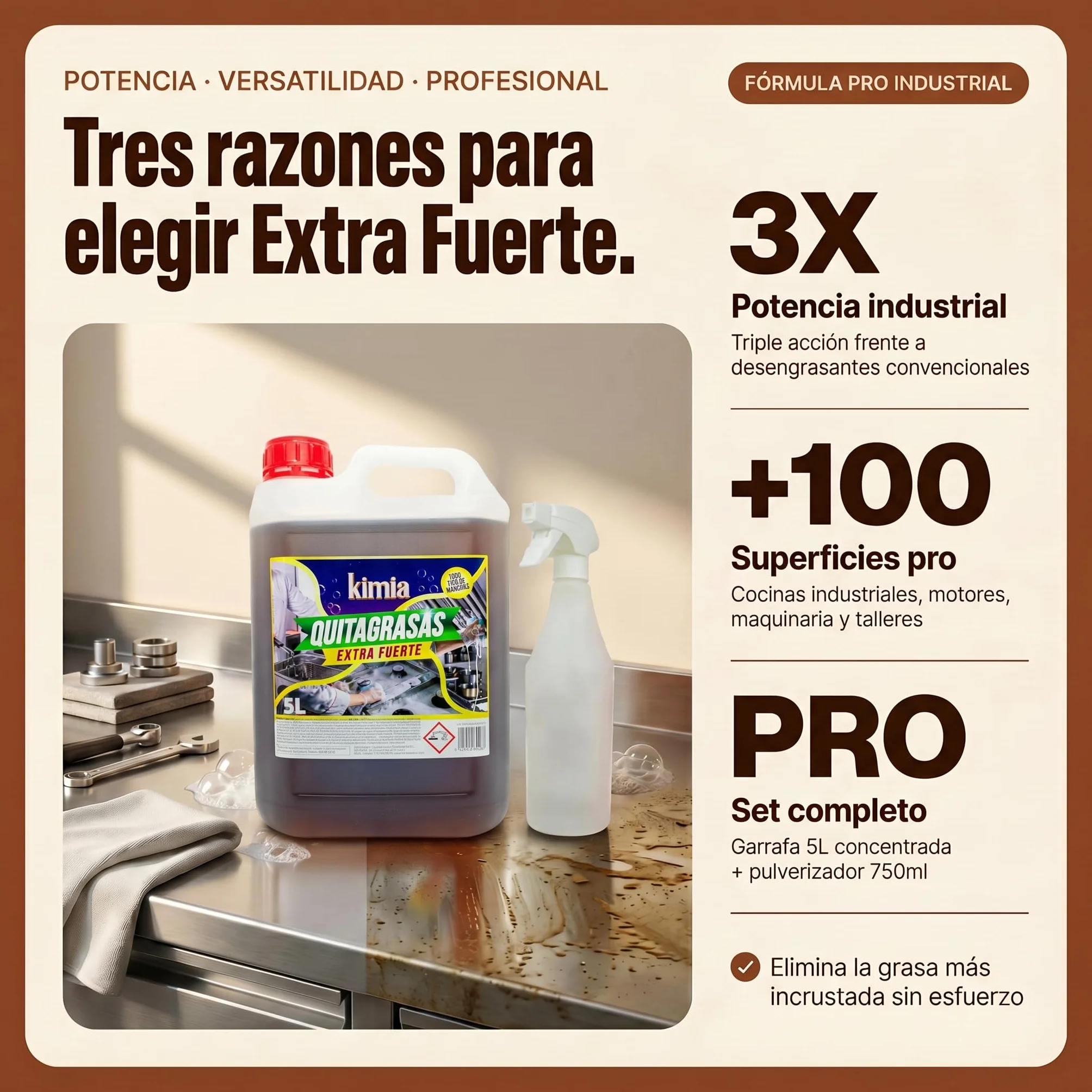 KIMIA Quita Grasas Extra Fuerte 5L + Pulverizador 750ml Desengrasante Concentrado Profesional
