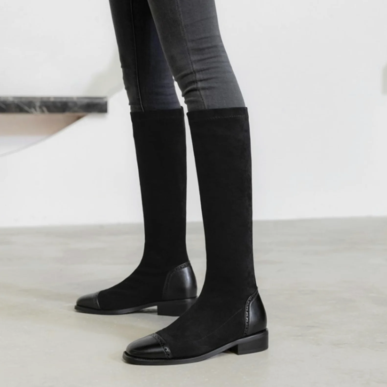 Mujer Botas Altas De Tacón Bajo Pantorrilla Estrecha, Botas De Montar Elásticas Botas Negras De Invierno Suede Tacón Chunky Botas Largas Cálidas Botas Slouch
