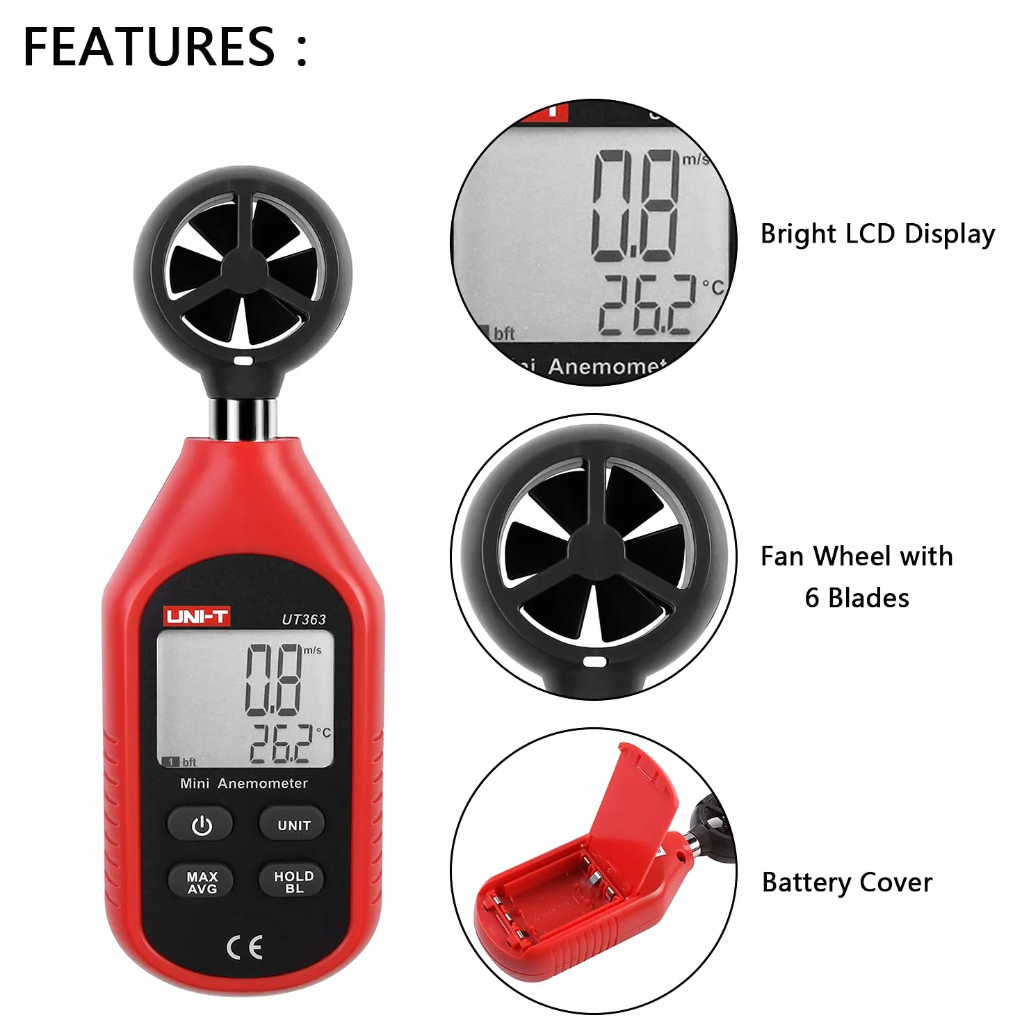 UNI-T UT363 Anemómetro Digital Portátil Pantalla LCD Medidor Velocidad Viento Aire