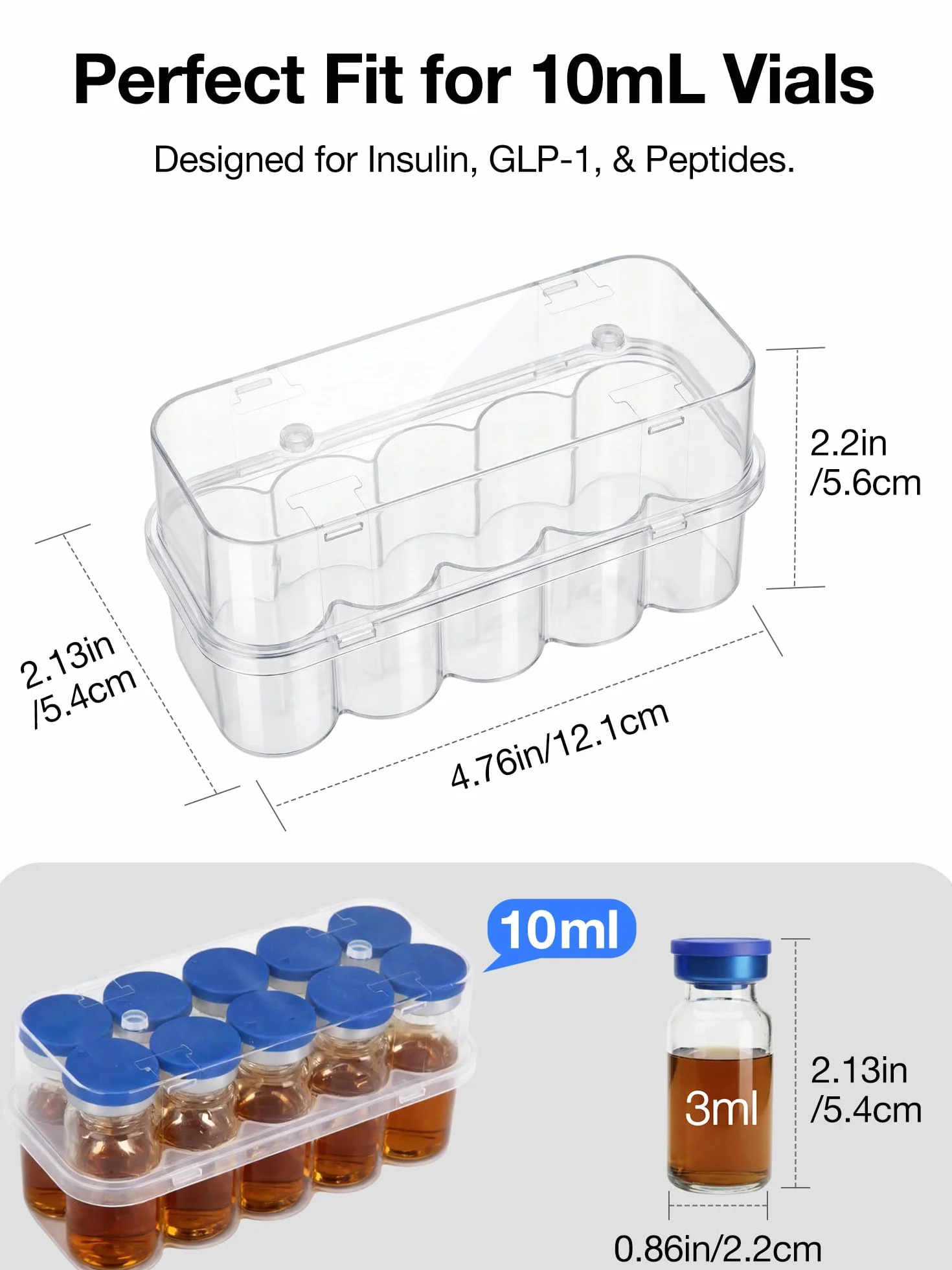SUNMON Caja de Almacenamiento para Viales de 10 ml, Organizador Transparente para Insulina y GLP-1 con 10 Ranuras