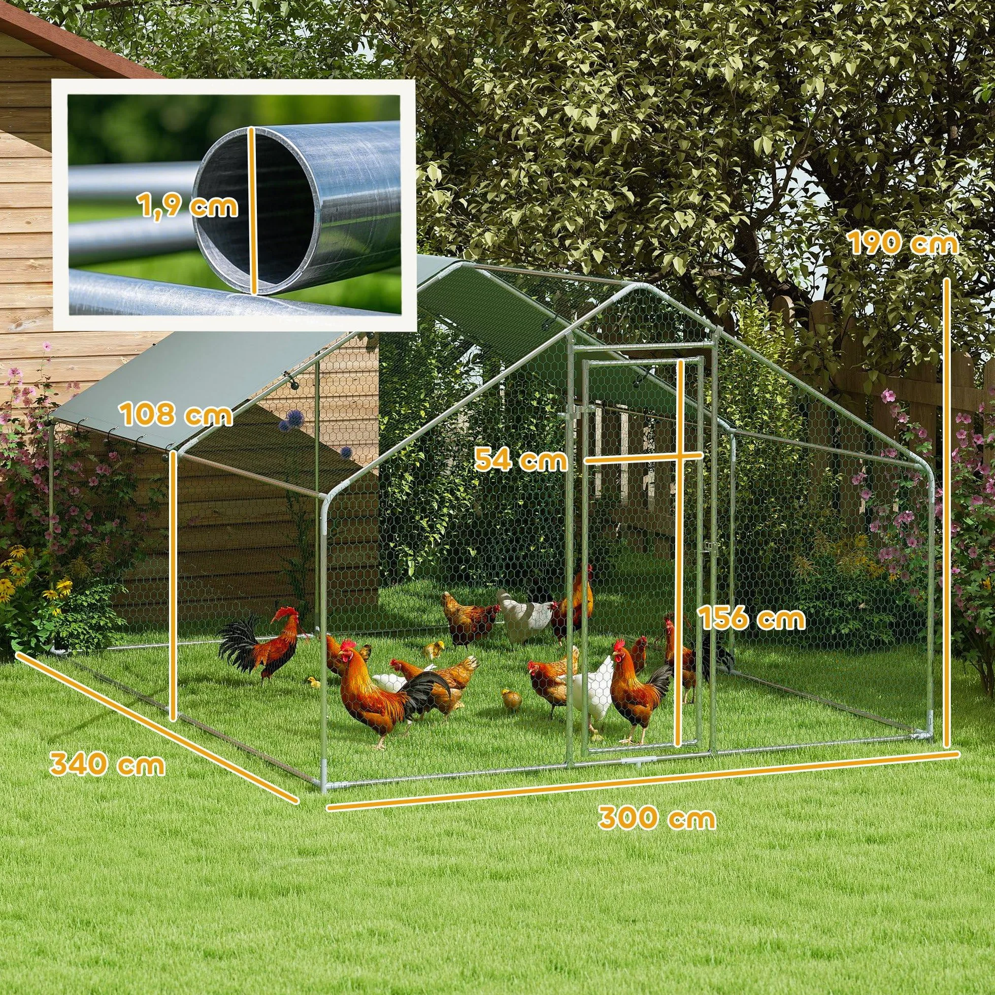PawHut Gallinero Exterior Grande 3x3,4x1,9 m Acero Galvanizado Puerta Doble Cierre Cubierta Tela Oxford Anti-UV Impermeable para 10-15 Gallinas
