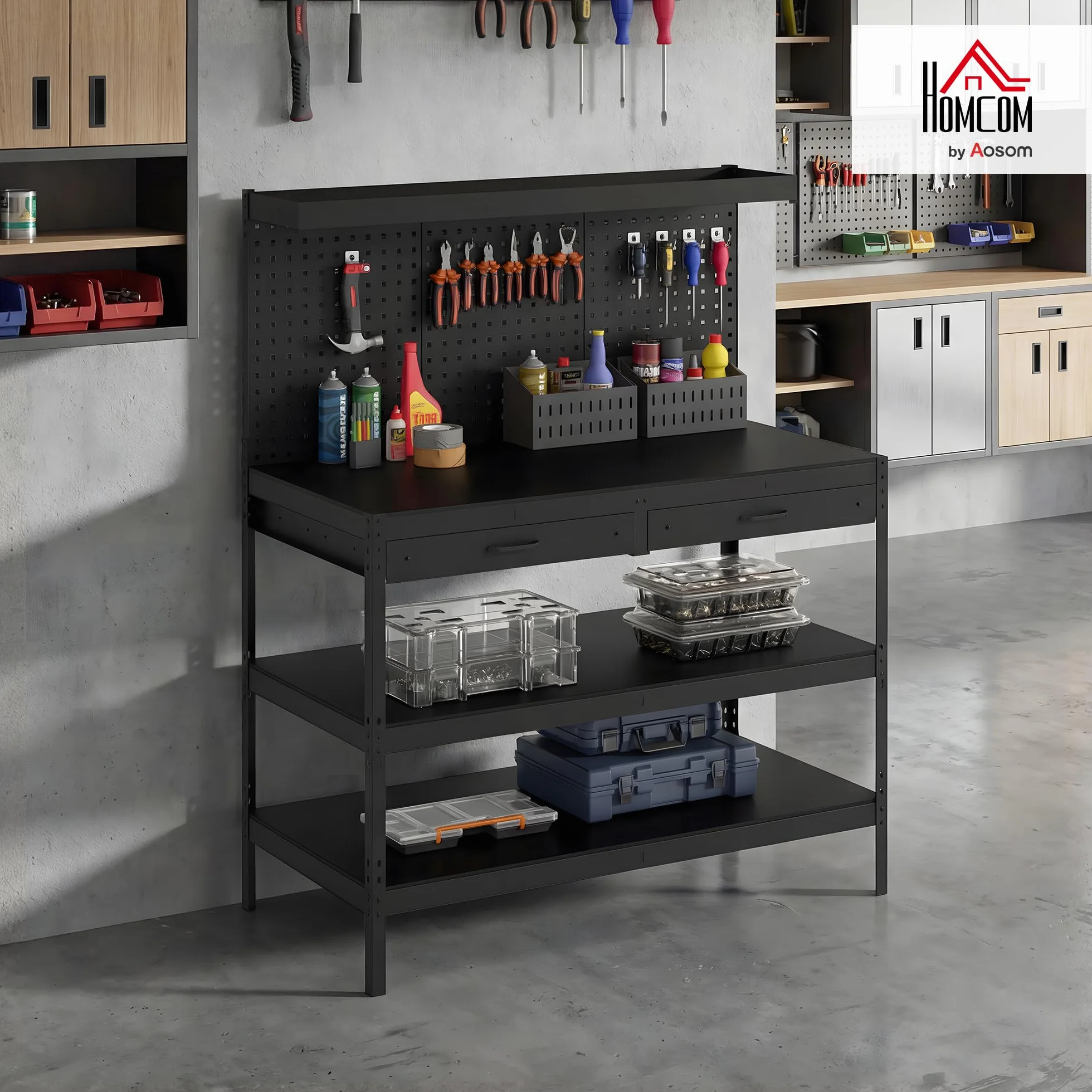 HOMCOM Banco de trabajo 1220 x 610 x 1560 mm con pared perforada, 2 cajones y 2 estantes ajustables, 272 kg capacidad