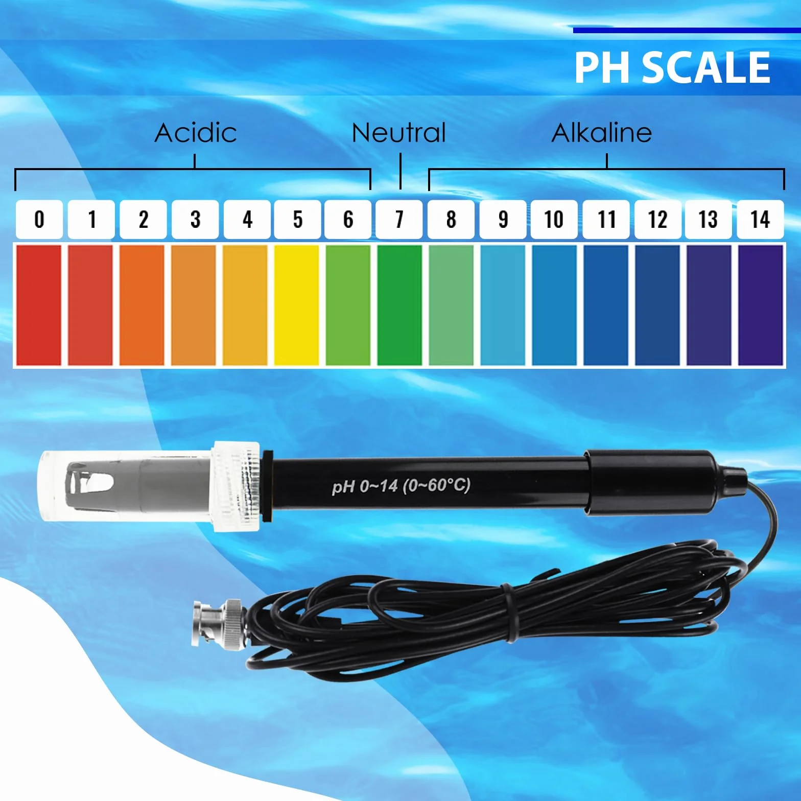 Electrodo de pH con sonda intercambiable, cable 300 cm, rango 0-14 pH, conector BNC, polvo calibración