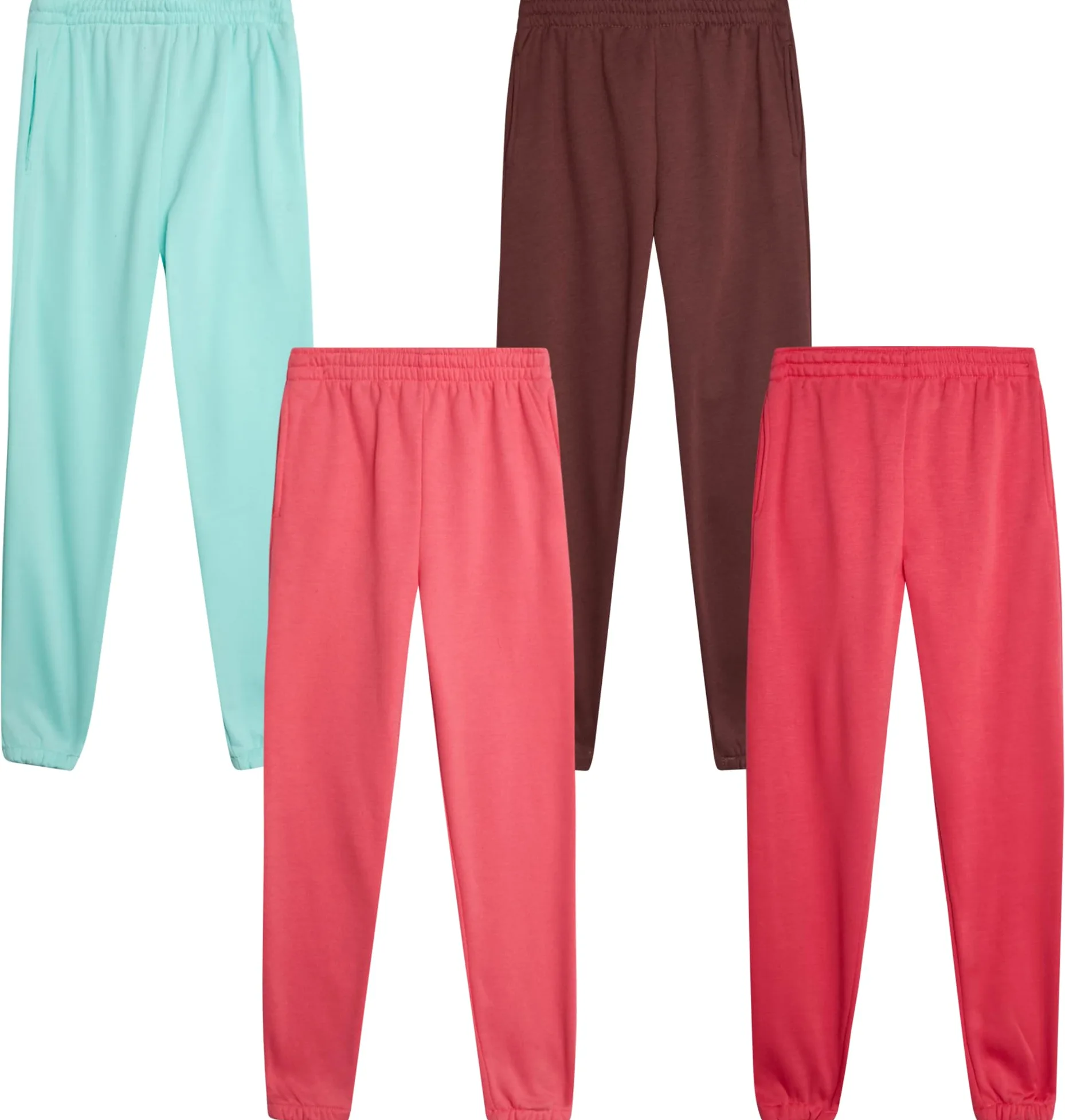 Real Love Pantalones deportivos para niñas, paquete de 4 unidades, básicos, sólidos, activos, suaves, de forro polar, con bolsillos, para niñas (tallas: 5-16)