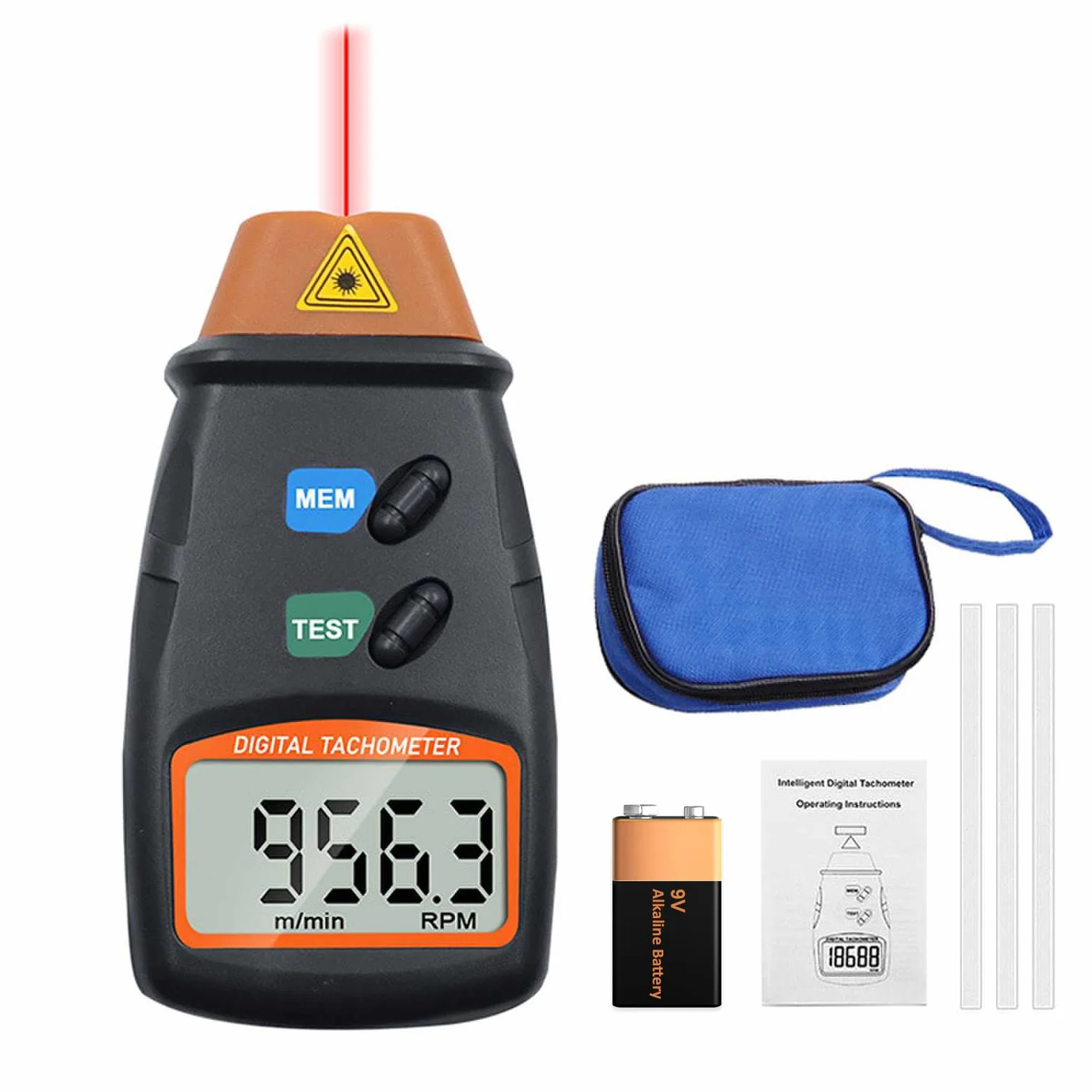 Mengshen Tacómetro Digital 2.5-99999 RPM Láser Sin Contacto Medidor De Velocidad De Rotación Con Cinta Reflectante Batería 9V