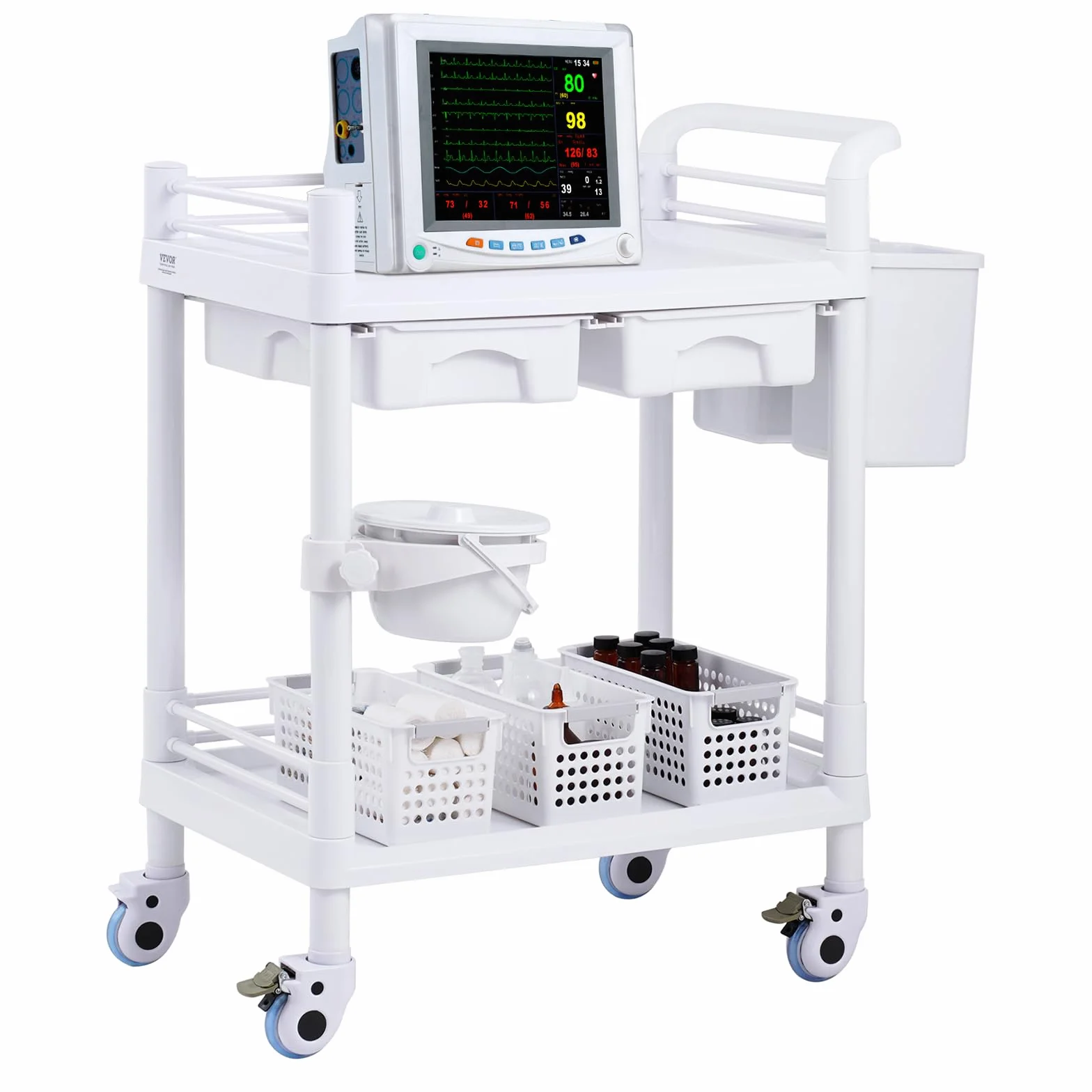 VEVOR Carro Médico 2 Niveles con 2 Bandejas 4 Ruedas Silenciosas Material PP 3 Botes de Basura Blanco