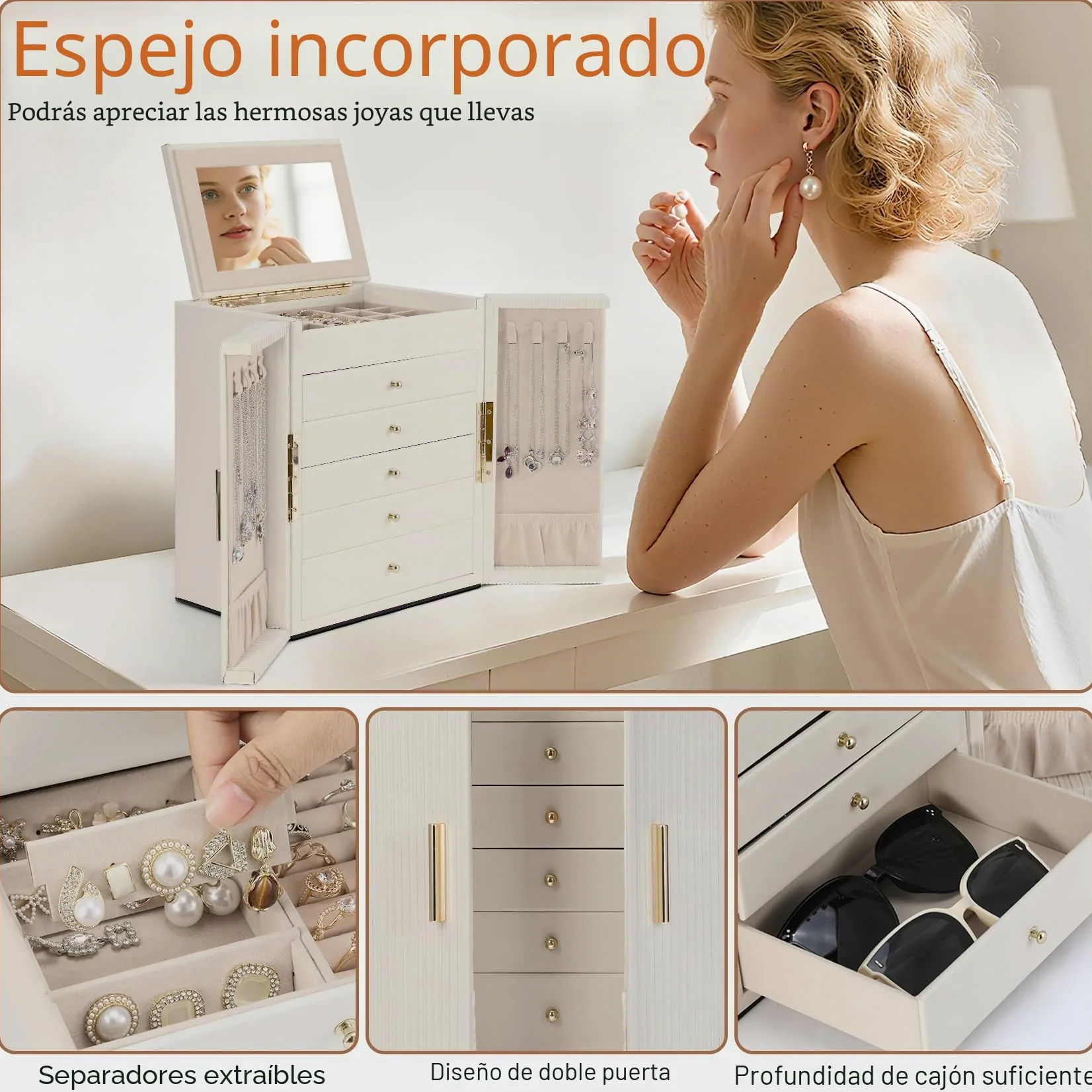 Dajasan Grande Joyeros Mujer Organizador, 6 Capas Organizador Joyas, Joyero Mujer con Espejo Para Navidad, San Valentín, Cumpleaños de la Madre, Año Nuevo (Beige)
