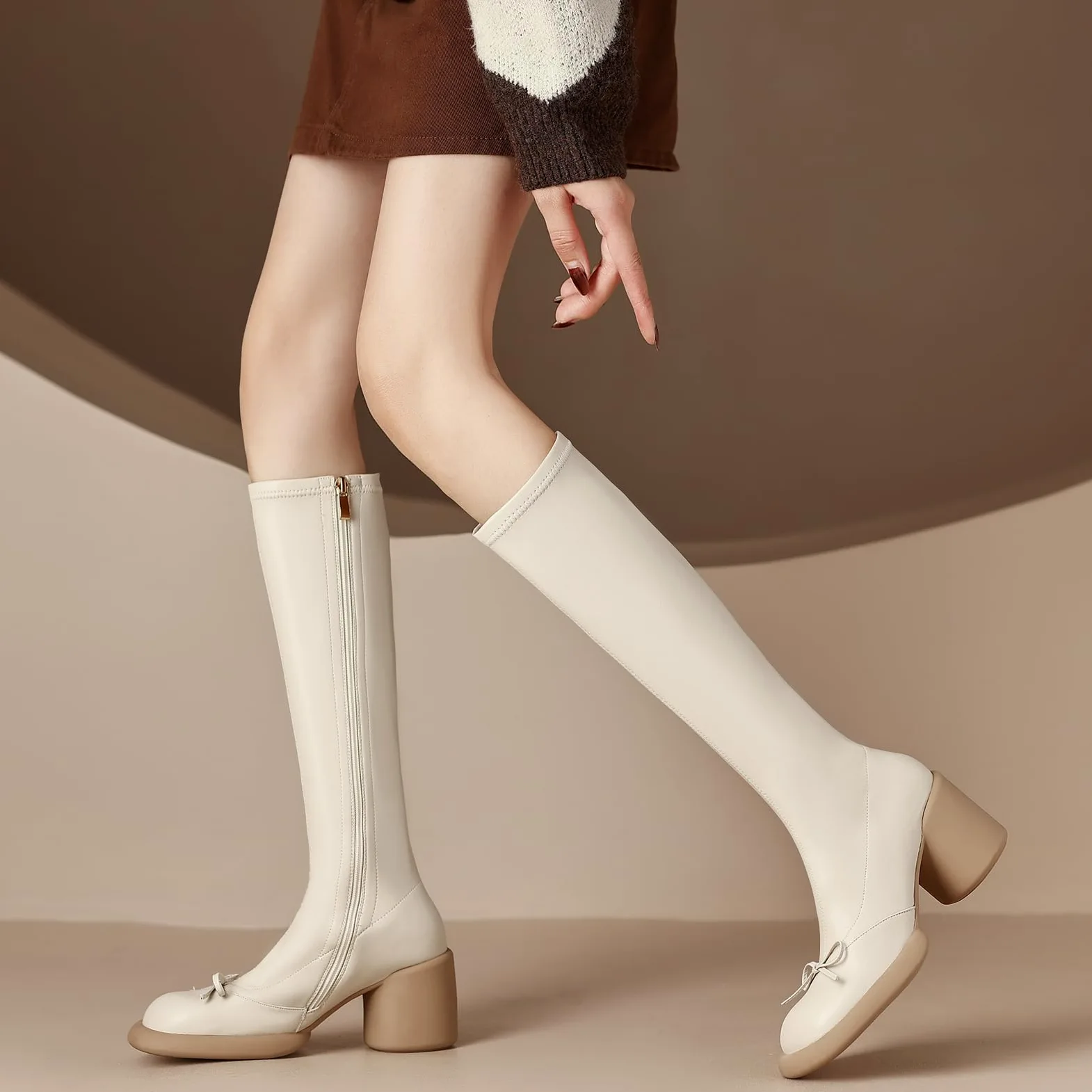 Botas altas de cuero para mujer tacón de bloque rodilla botas de montar con cremallera