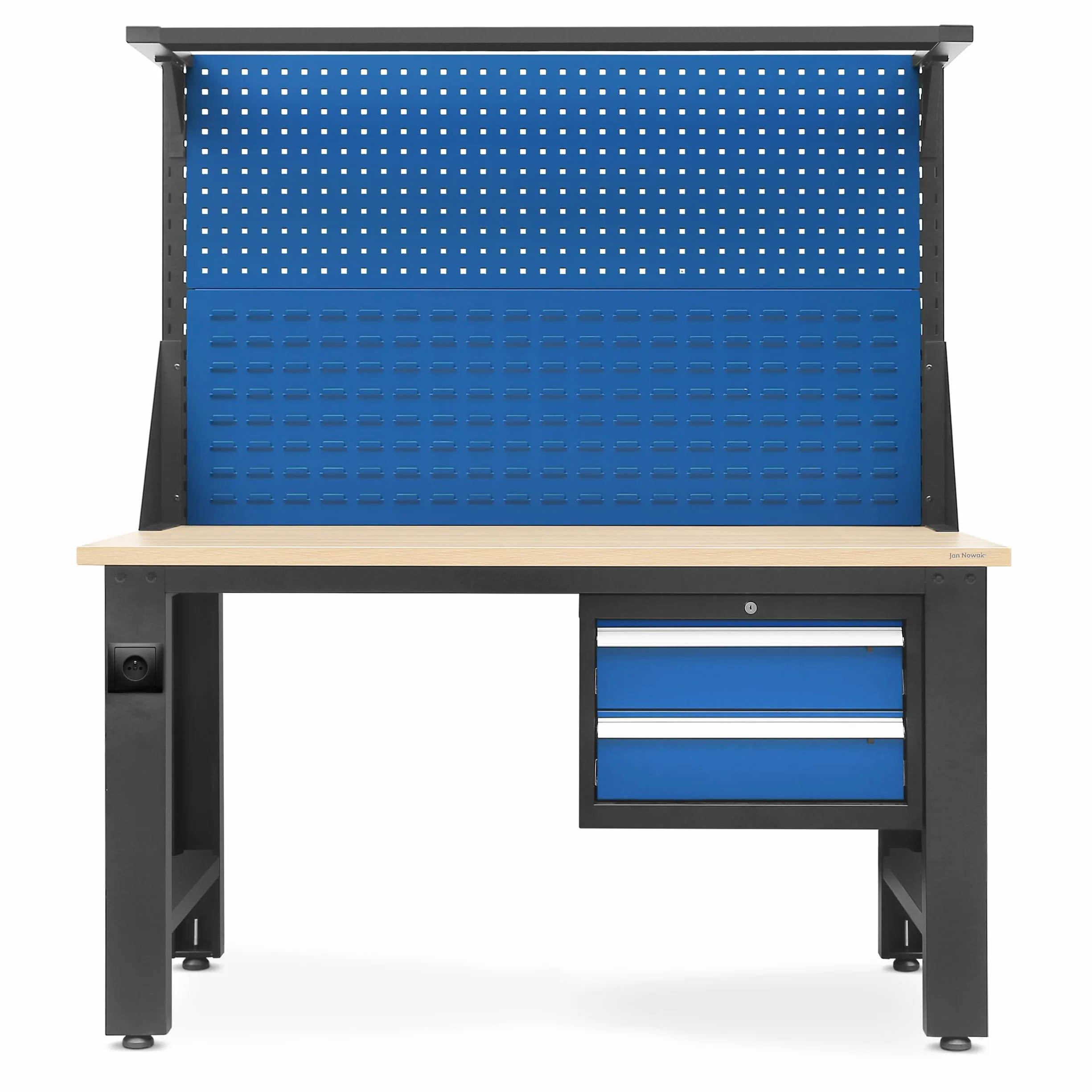 Banco de Trabajo con Pared Perforada Mesa de Trabajo 2 Cajones Enchufe Metal MDF 600 kg 170x150x75 cm Antracita Azul
