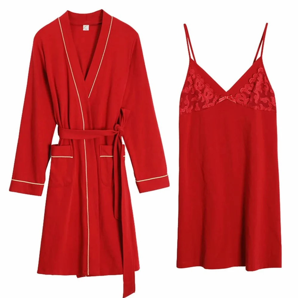 Conjuntos de Pijama de Mujer de otoño Camisones Rojos Ropa de Dormir Femenina Trajes de pantalón de Pijama Ropa de Noche de algodón para Mujer (Color : Red, Size : XL Code) (Red 3XL Code)
