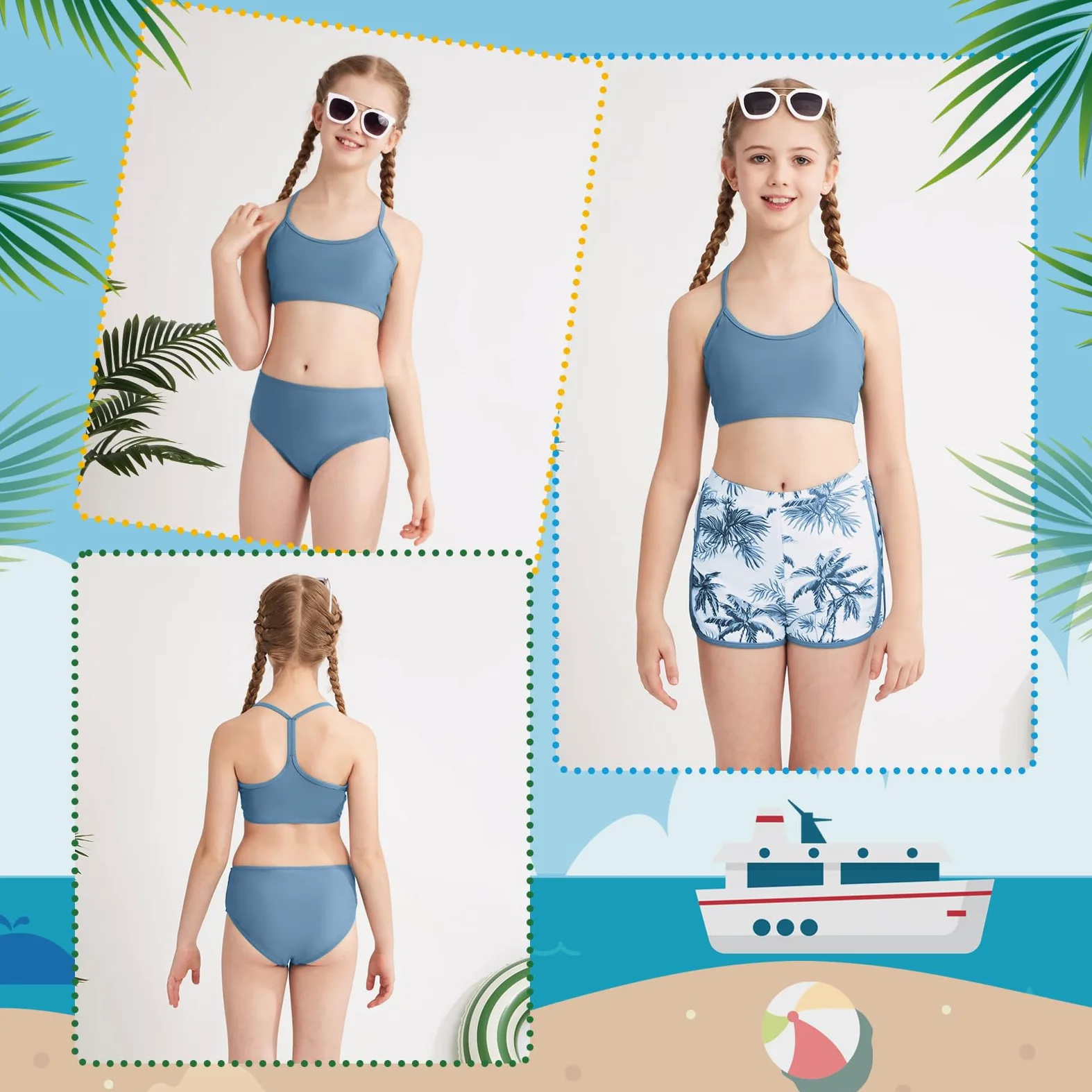 Traje de baño de 3 piezas para niñas, conjunto de bikini sólido con pantalones cortos deportivos estampados para niñas de 9 a 16 años