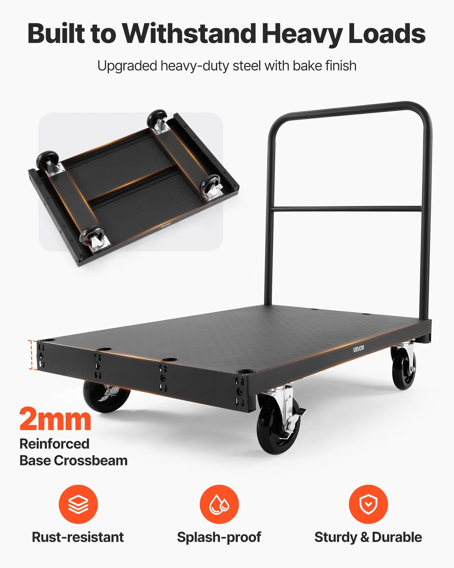 VEVOR Carro Portaplatos 816 kg 2 en 1 Ruedas Giratorias 360° 3 Pasamanos Laterales 914 x 610 x 878 mm Negro