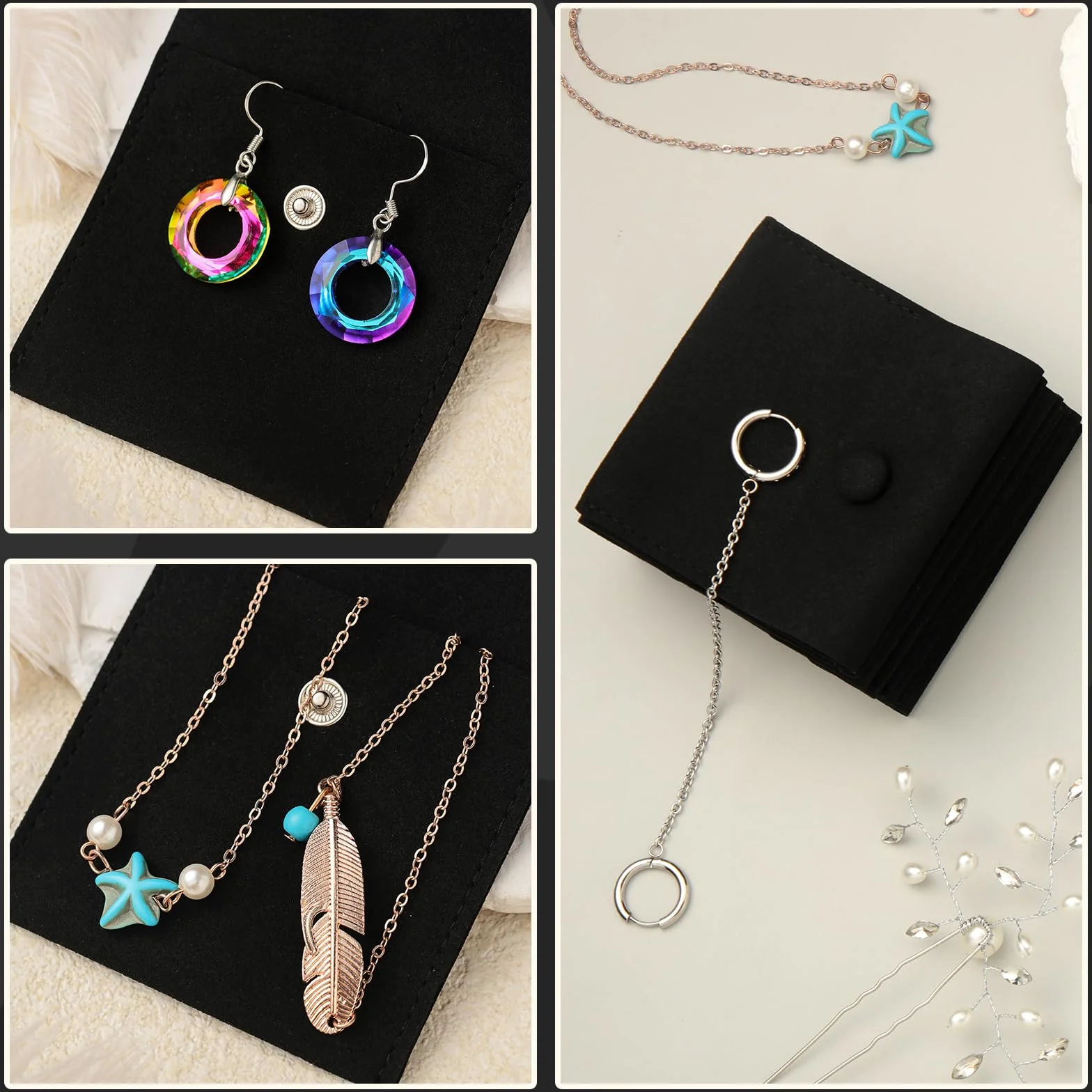 Bolsa de joyería de microfibra 8x8cm, bolsa de embalaje de joyería, bolsas de regalo de joyería pequeñas de lujo, paquete de botón a presión con divisor bolsa de microfibra para embalaje de collar de